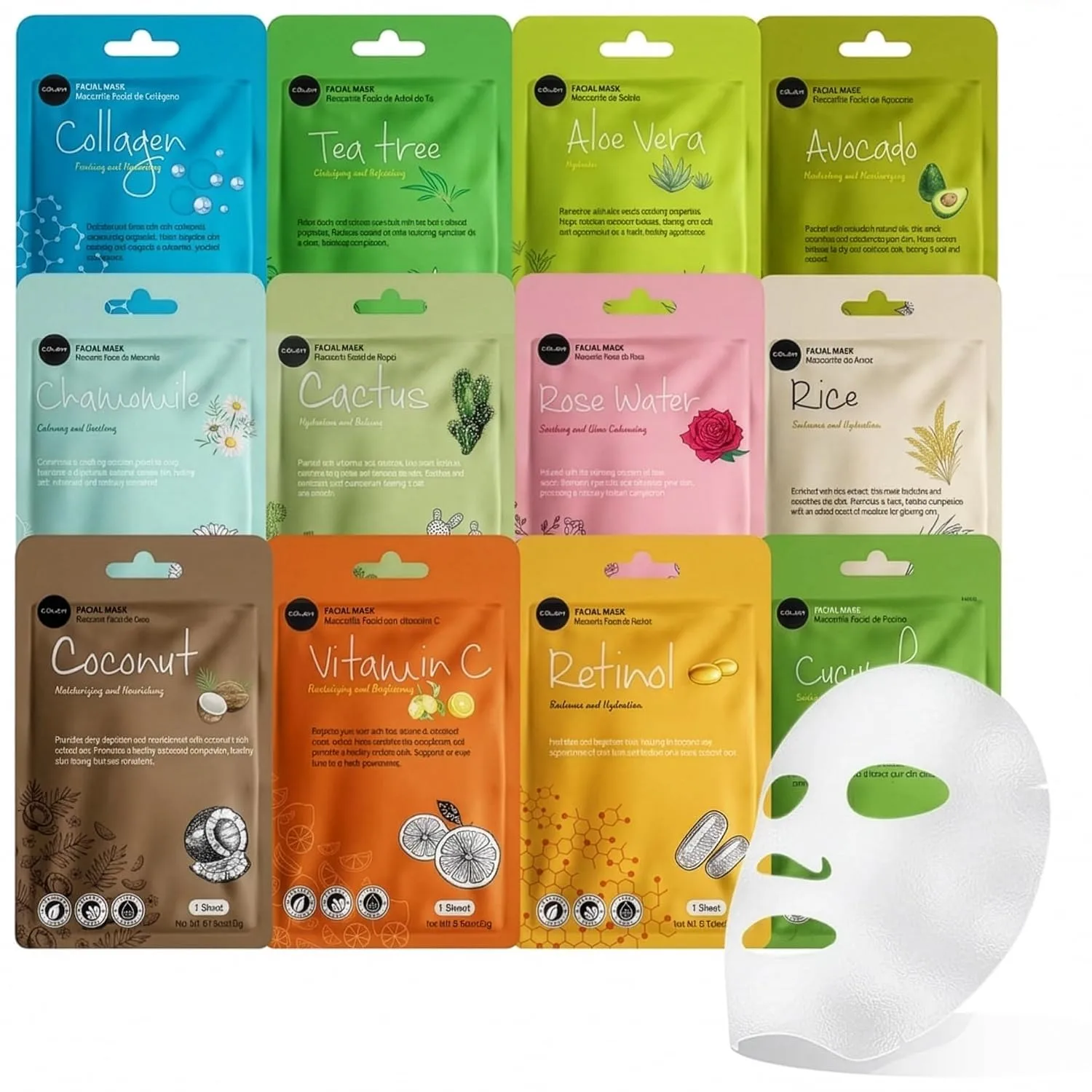 Celavi Korean Face Mask Sheet Set, Spa Masks, 12 Pack, Collagen Mix