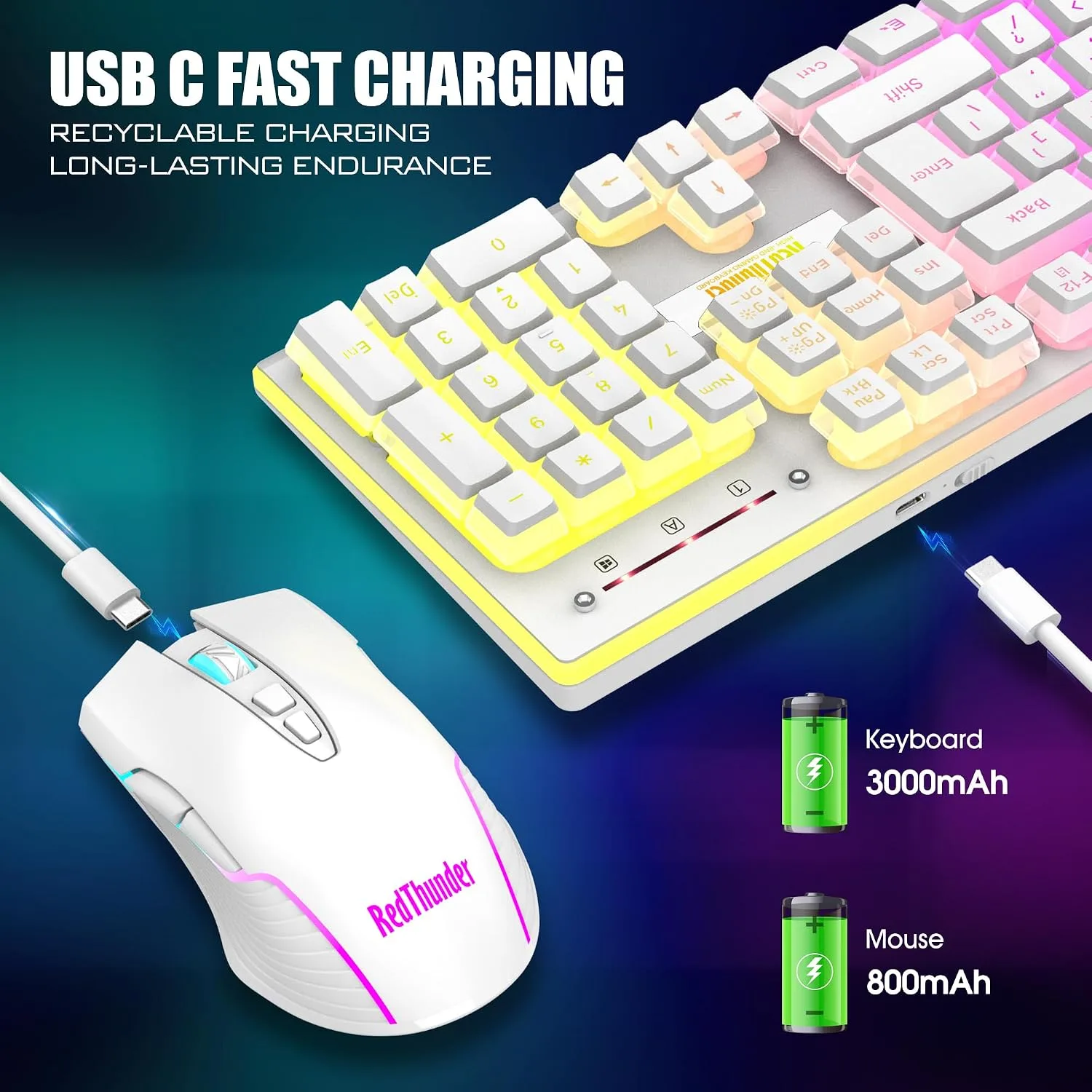 RedThunder K10 Wireless Gaming Keyboard and Mouse Combo, RGB Backlit Rechargeable 3800mAh Battery, Mechanical Feel Anti-ghosting Keyboard + 7D 3200DPI Mice for PC Gamer(White Pudding)