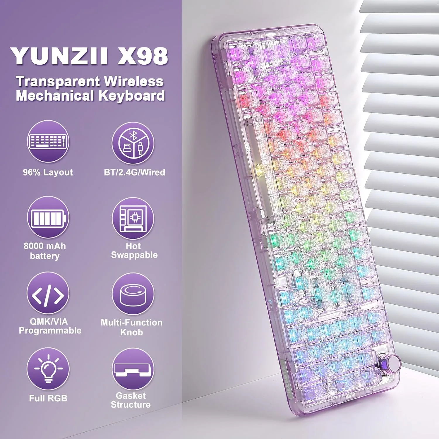 YUNZII X98 Wireless Mechanical Keyboard with Knob (Purple, Crystal Switch)