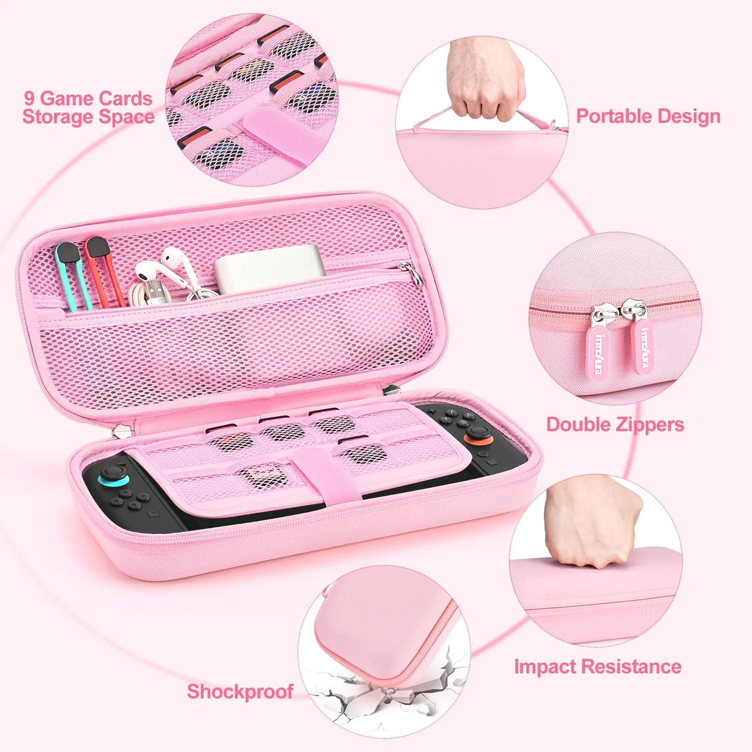 innoAura Switch 2 Case 14-in-1 Bundle for NS Switch 2 (2025), with Carrying Case, Protective Cover, Thumb Grips, Screen Protector, Cute Pendant and Sticker, Pink