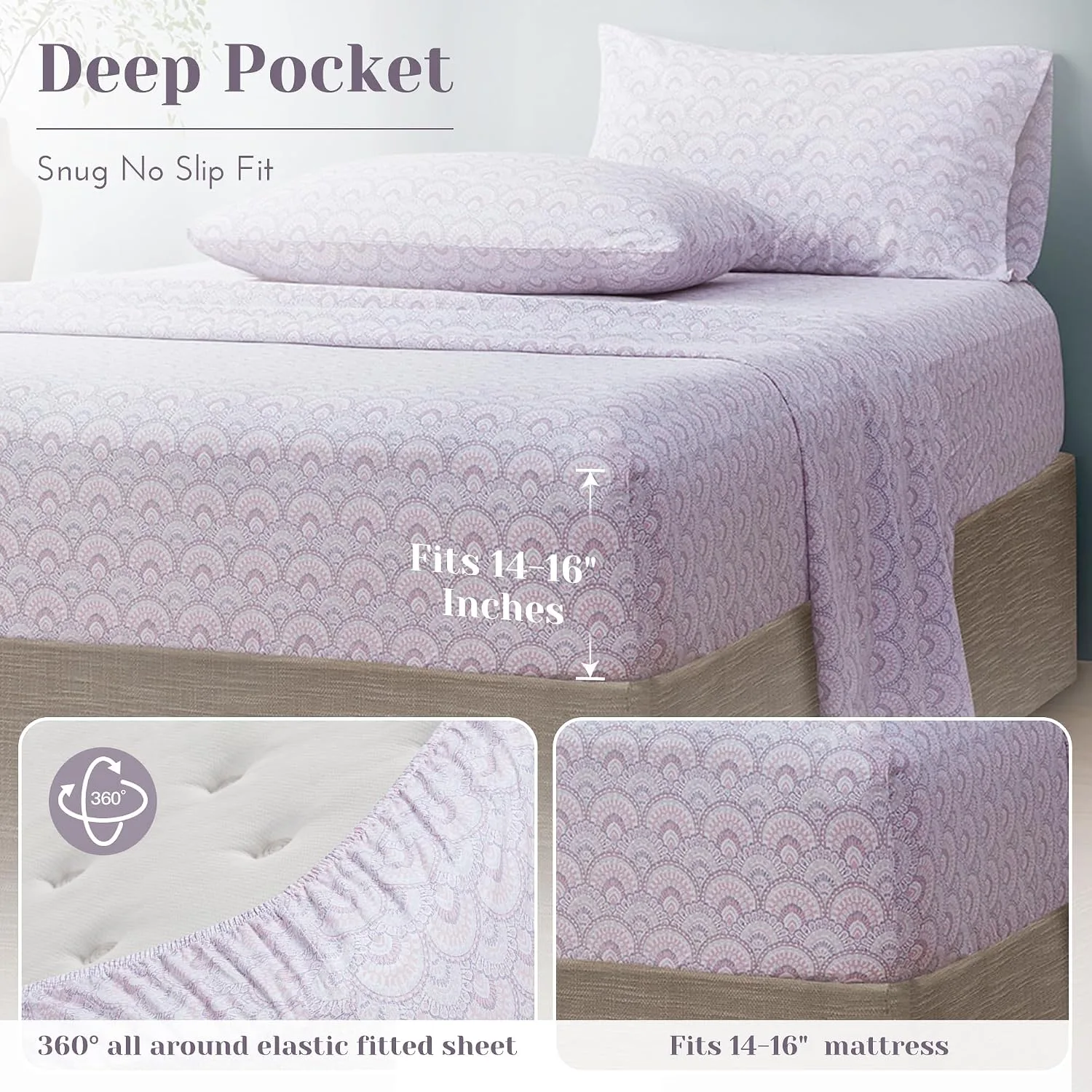 Comfort Spaces 100% Cotton Percale Sheets Queen Size 4 Pcs, Tabitha Purple