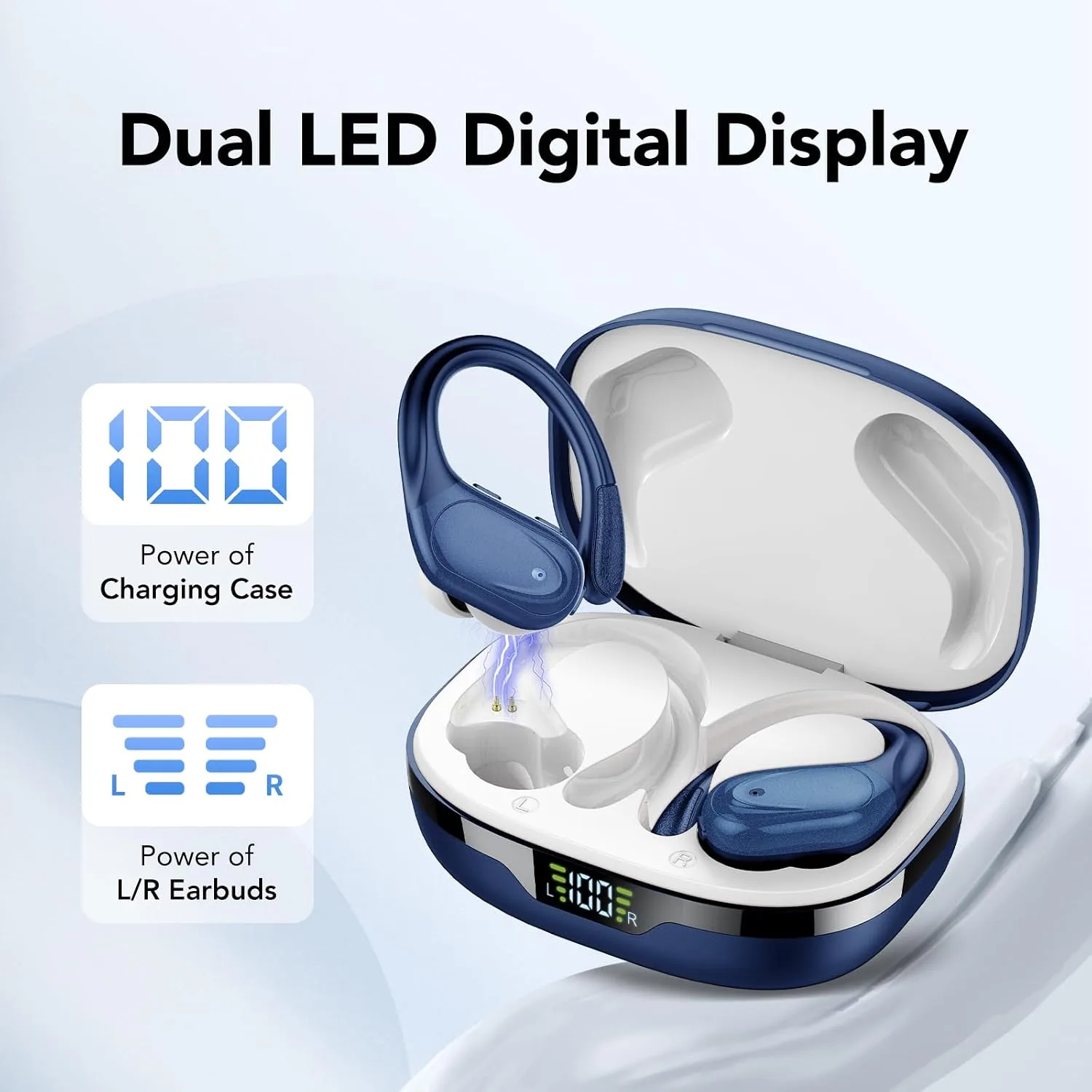 Ear buds Wireless Earbuds Bluetooth 5.3 Headphones 60hrs Playtime with Digital Display Sports Wireless Headphones with Earhook Deep Bass IPX7 Waterproof Over-Ear Earbuds for Android iOS Workout Blue