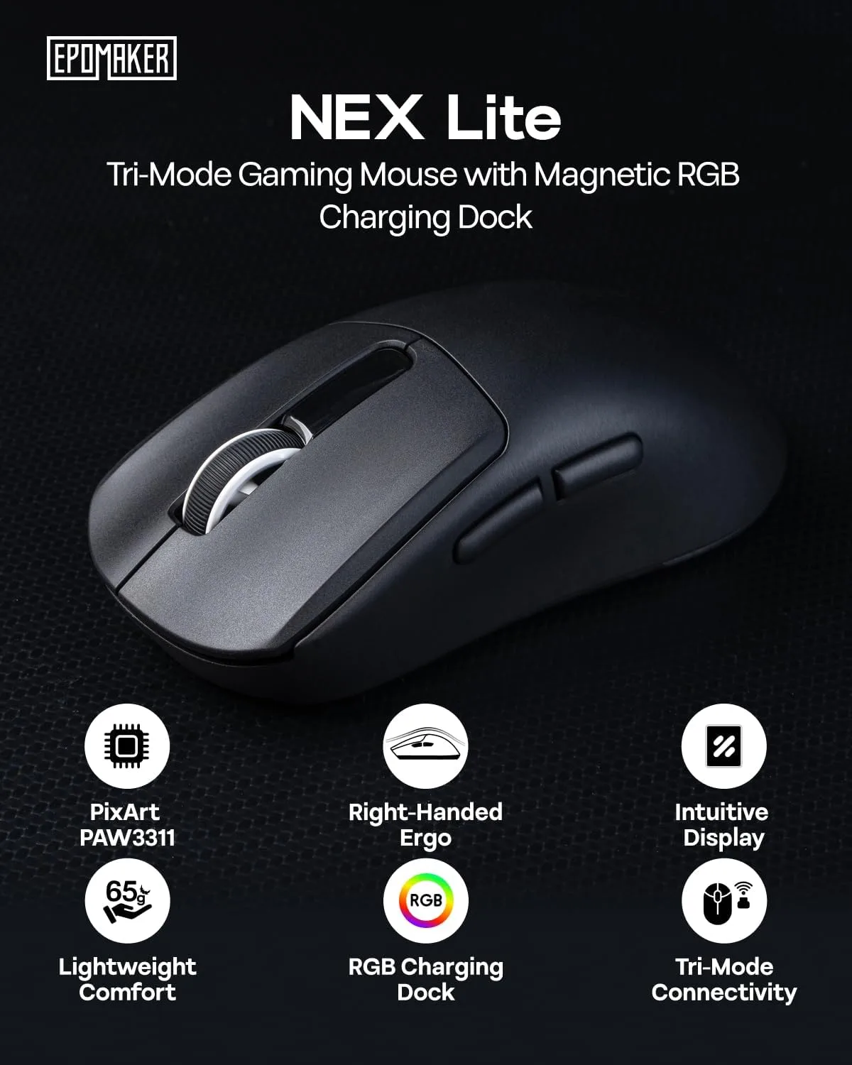 EPOMAKER NEX Lite Wireless Gaming Mouse w/Screens & RGB Charging Dock