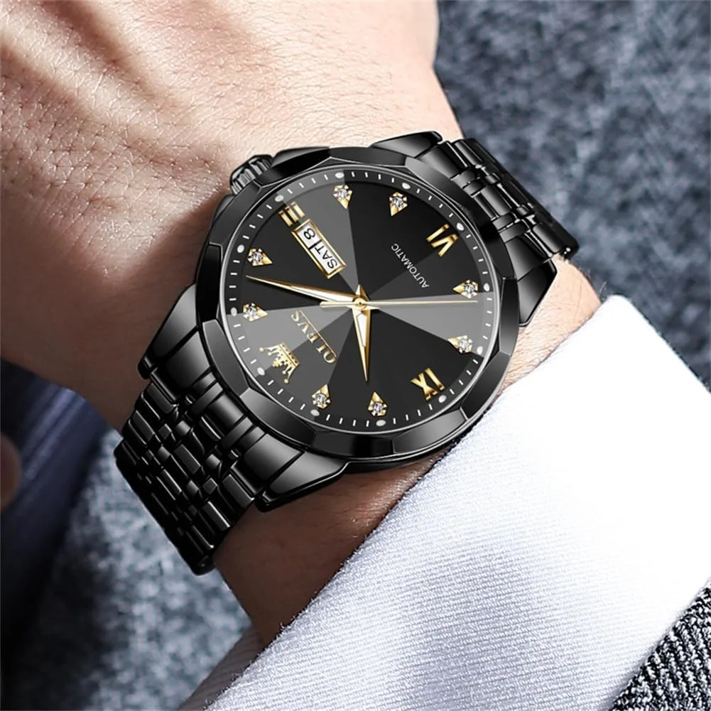 OLEVS Skeleton Men Watches Automatic Business Luxury Diamond Self Winding Watch for Men Stainless Steel Calendar Wrist Watch