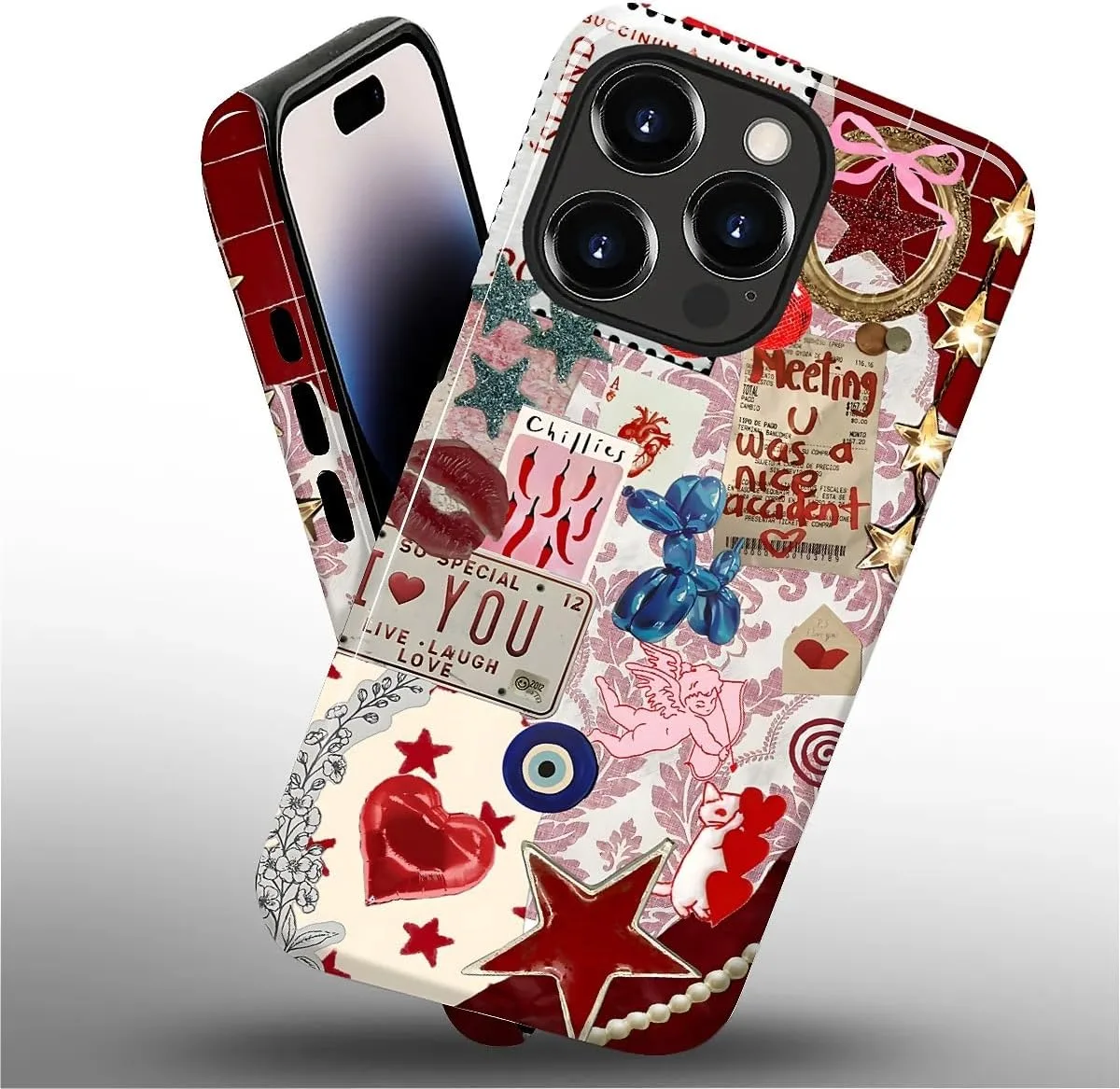 DAIZAG Case for iPhone 14 Pro Max,Mixed 2 Layer Design Shockproof Soft TPU Ddouble Protection Phone Case for iPhone 14 Pro Max-Conch Red Pearl Collage