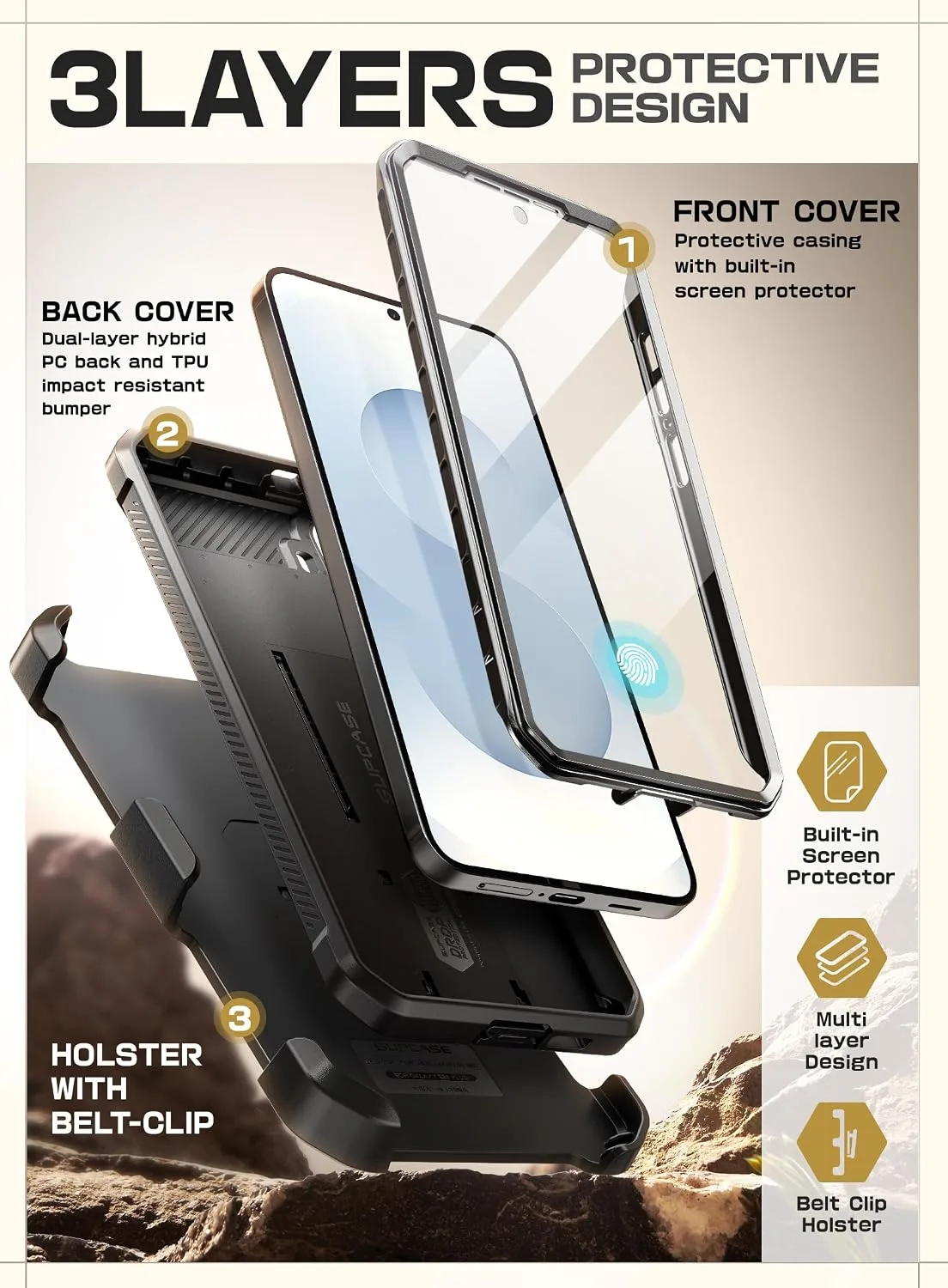 SUPCASE for Galaxy S25 Plus Case with Built-in Screen Protector, Black