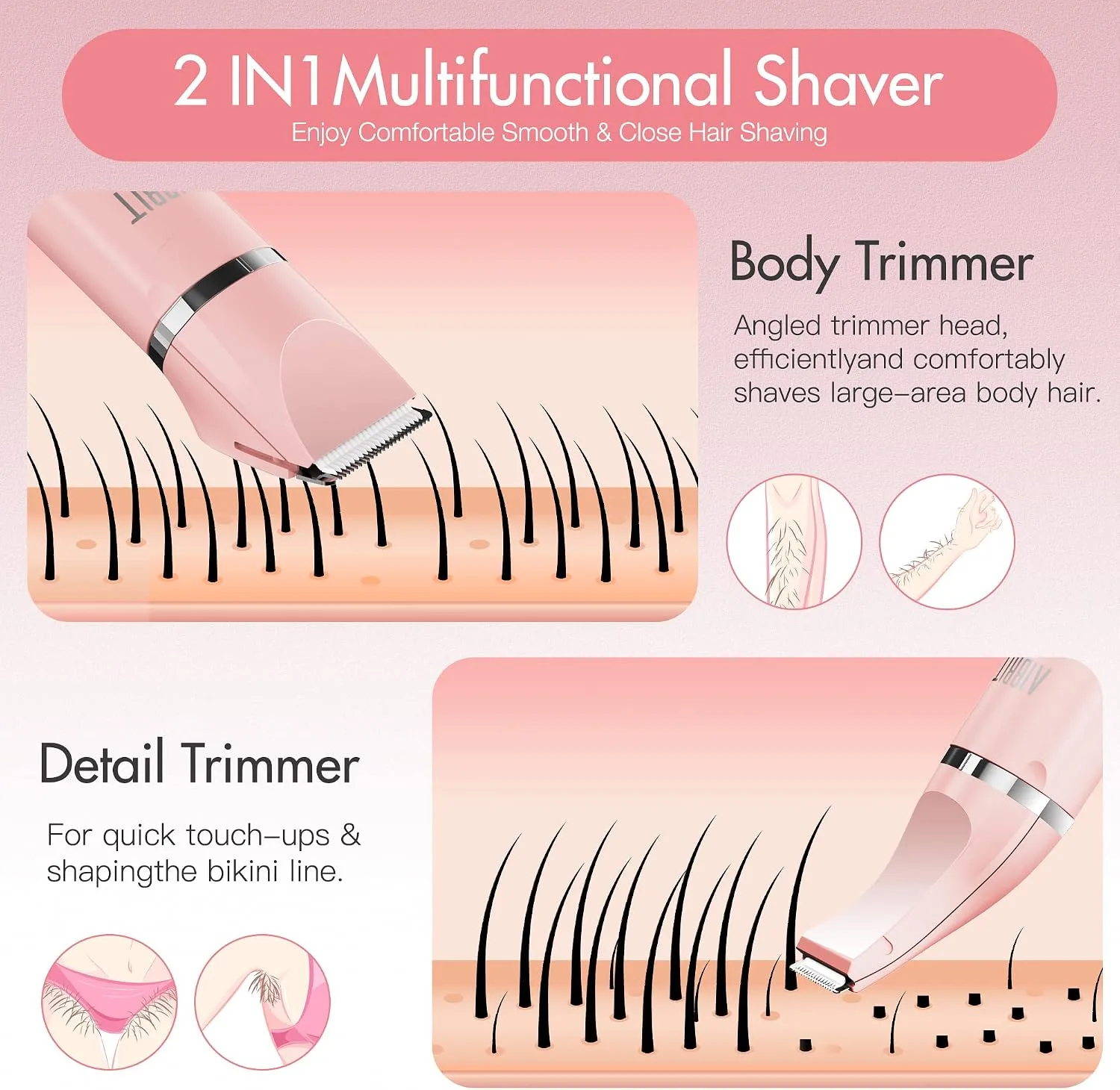 AIBRIT PRO Electric Bikini Trimmer for Women - 2 in 1 Electric Lady Pubic Hair Groomer Painless Hair Removal Razor Body Shaver, Portable Ladies Shaver with 2 Trimmer Heads, IPX7 Waterproof