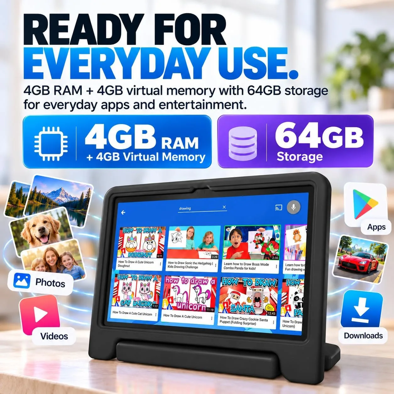 JREN
10.1"
Android
15
Tablet
with
Case,
64GB
Storage,Octa-Core
Black