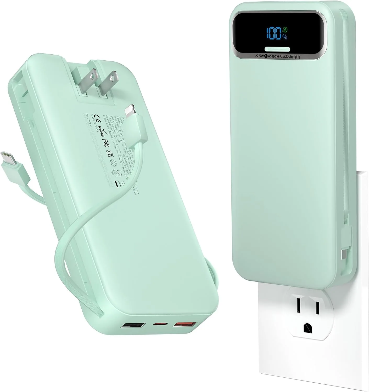 aonidi Portable Charger 20000mAh with Built-in Cables&AC Wall Plug, Green