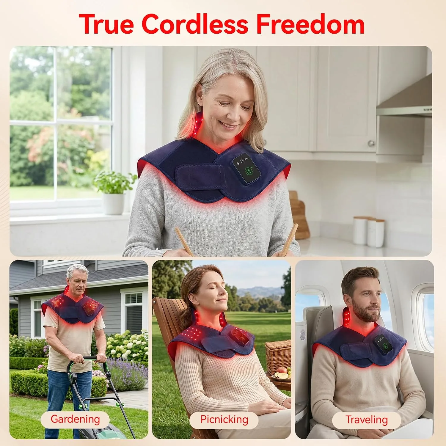 RICIAL Red Light Therapy for Neck Shoulder, 660nm & 850nm Infrared Light Therapy Wrap, Cordless 5000mAh Rechargeable Light Therapy Pad with Timer & Pulse Modes for Home Use (Blue)