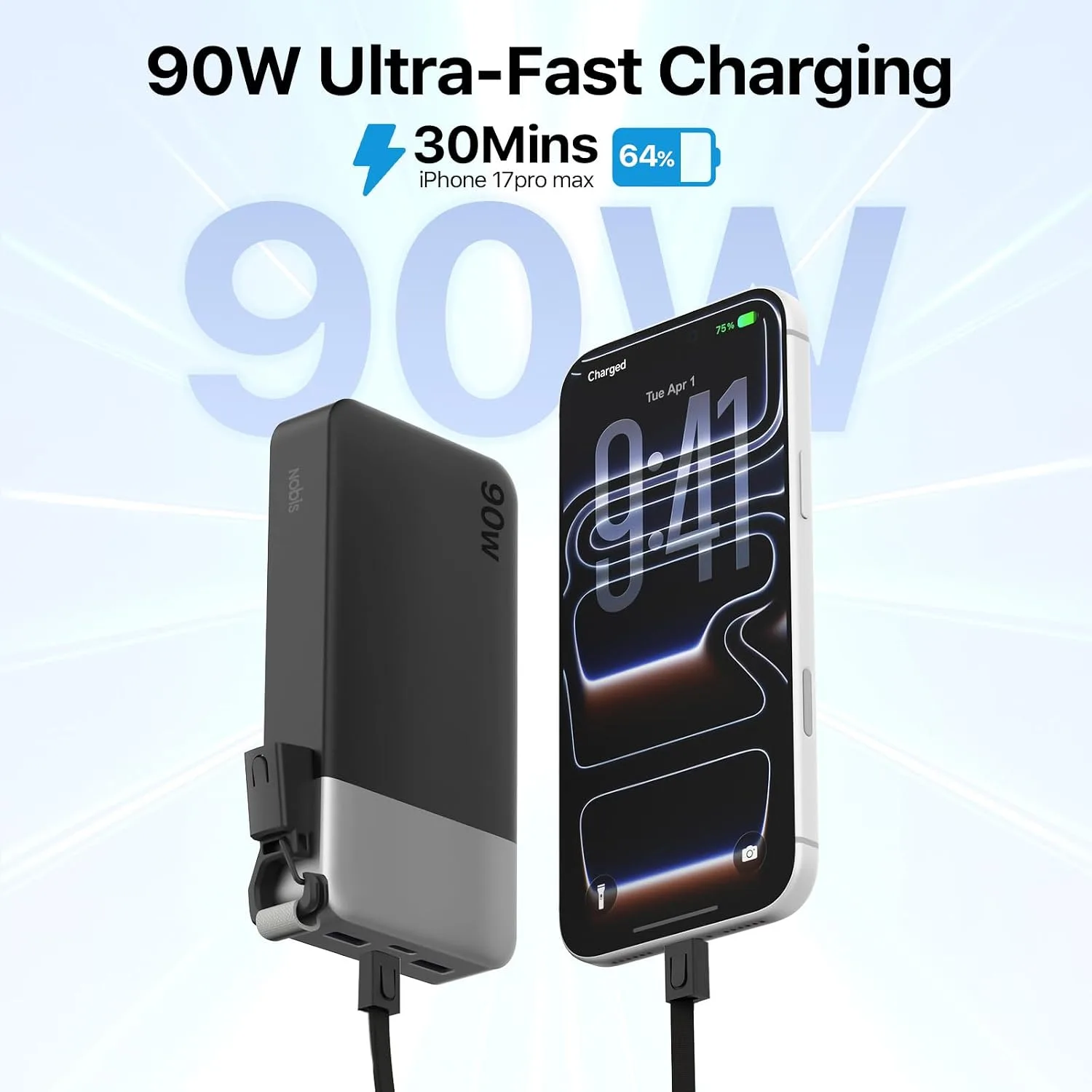 NOBIS Portable Charger 20000mAh 90W Power Bank w/Detachable Cable