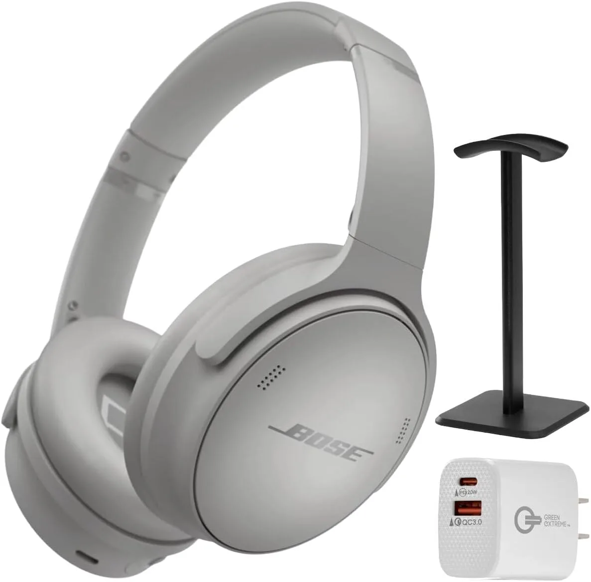 Bose QuietComfort Headphones - Wireless Bluetooth Headphones, Active Over Ear Noise Cancelling and Mic, Deep Bass Bundle + Desktop Headphone Stand + Green Extreme Dual Wall Charger (Moonlight Grey)