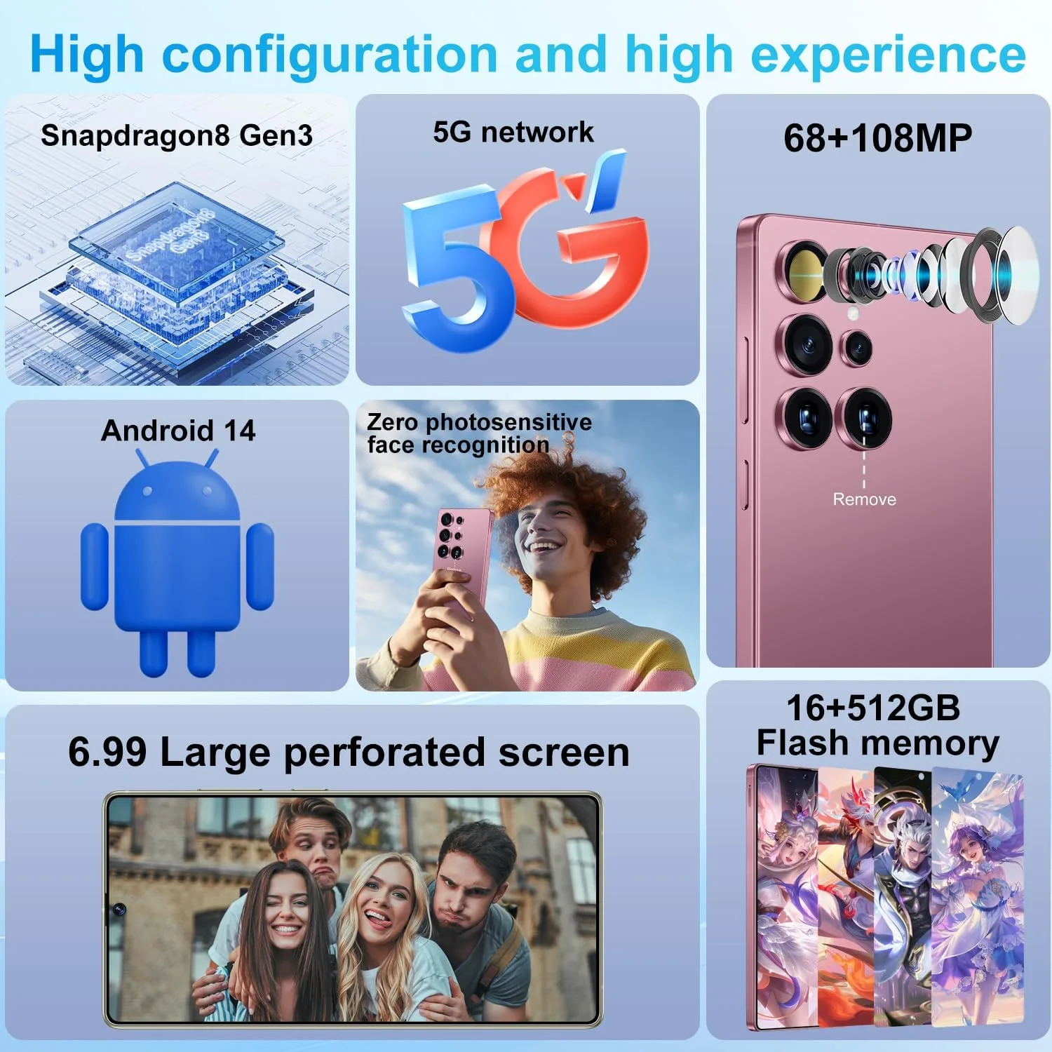 Huness S25 Ultra Unlocked Phone,Built in Pen The Phone,Cell Phone Battery 7000mAh 6.99" HD Screen,Android 14 16+512GB Smartphone,Dual SIM/5G/Face ID/Fingerprint Lock/GPS (Rose Gold, 16+512)