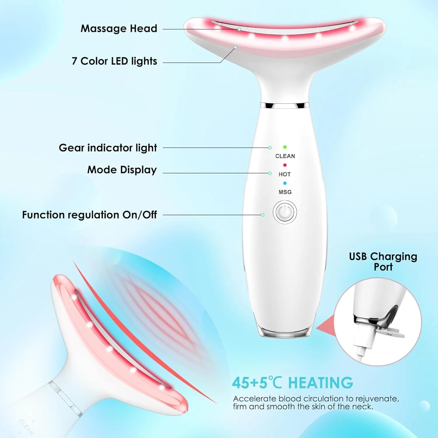 Face Massager -7 Color Red-Light-Therapy for Face and Neck for Wrinkles, Double Chin, Vibrating Facial Massage (White)