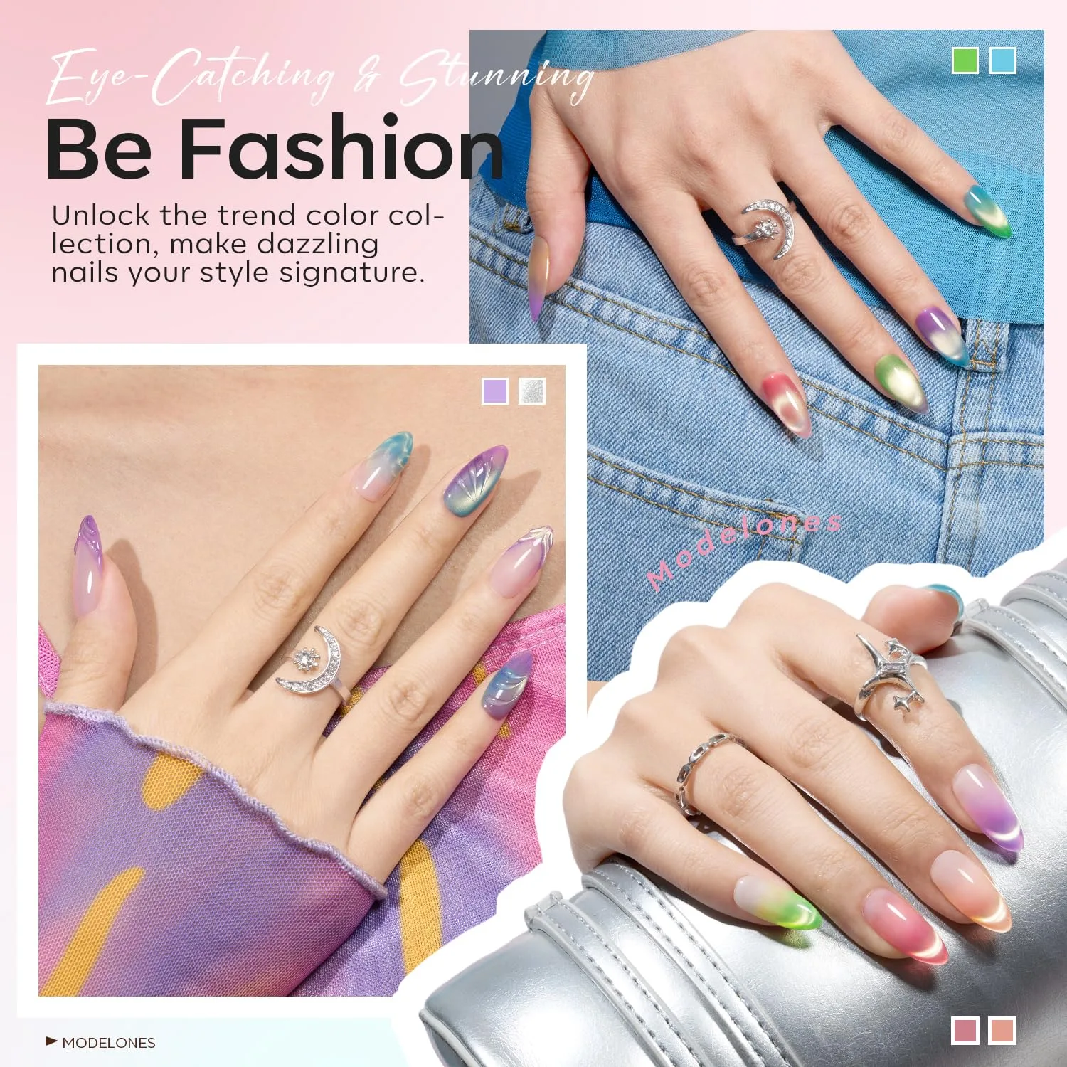 modelones Cat Eye Gel Nail Polish Set Jelly 6Colors Neon Sparkle