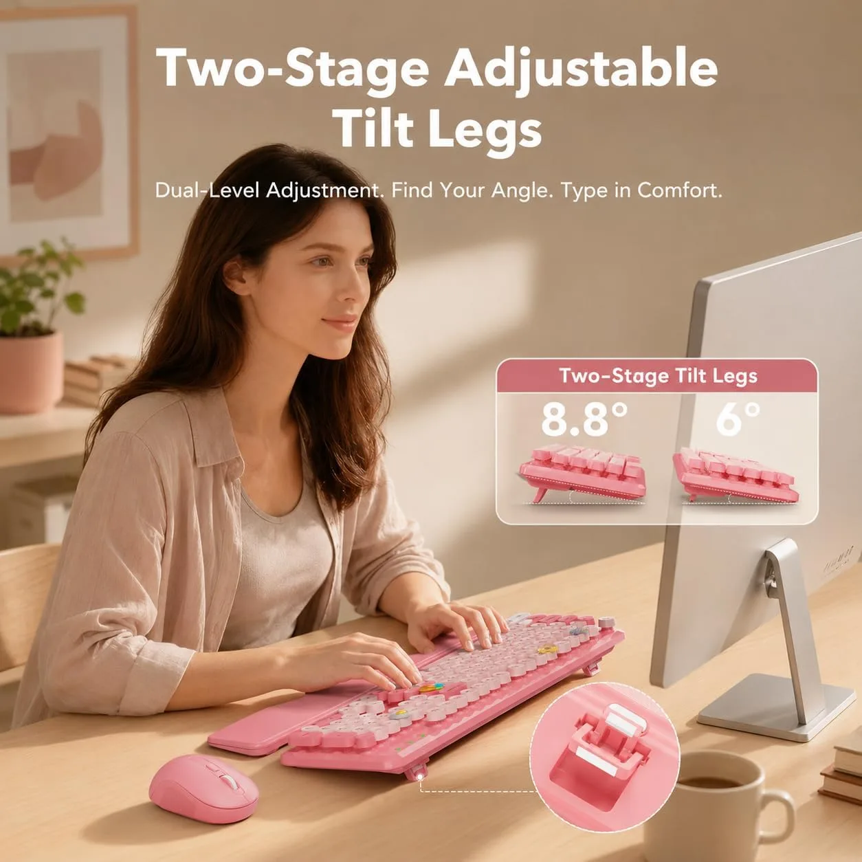Wireless Keyboard and Mouse, Round Keycaps, Magnetic Wrist Rest, Baby Pink