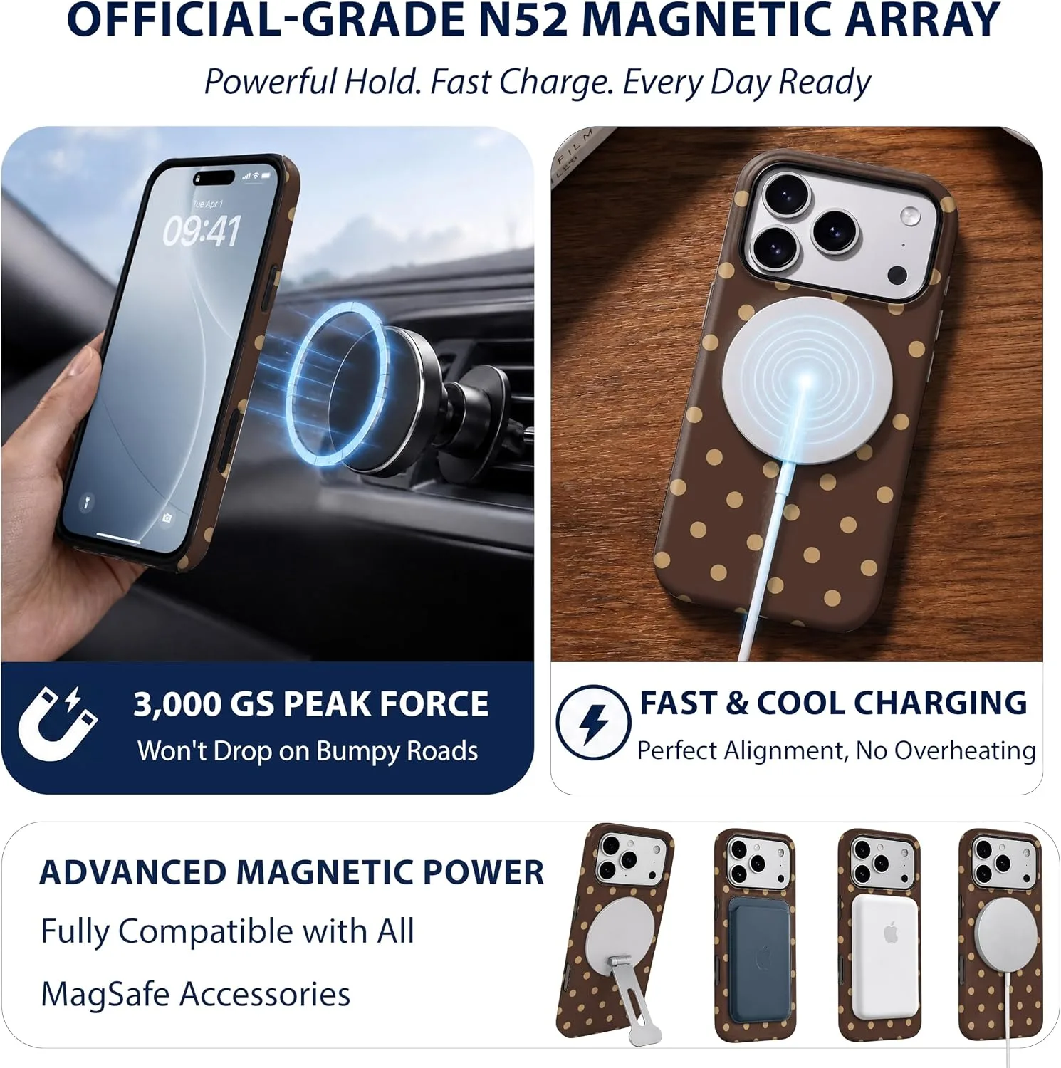 Magnetic for iPhone 17 Pro/18 Pro Phone Case, Brown and Cream Polka Dot