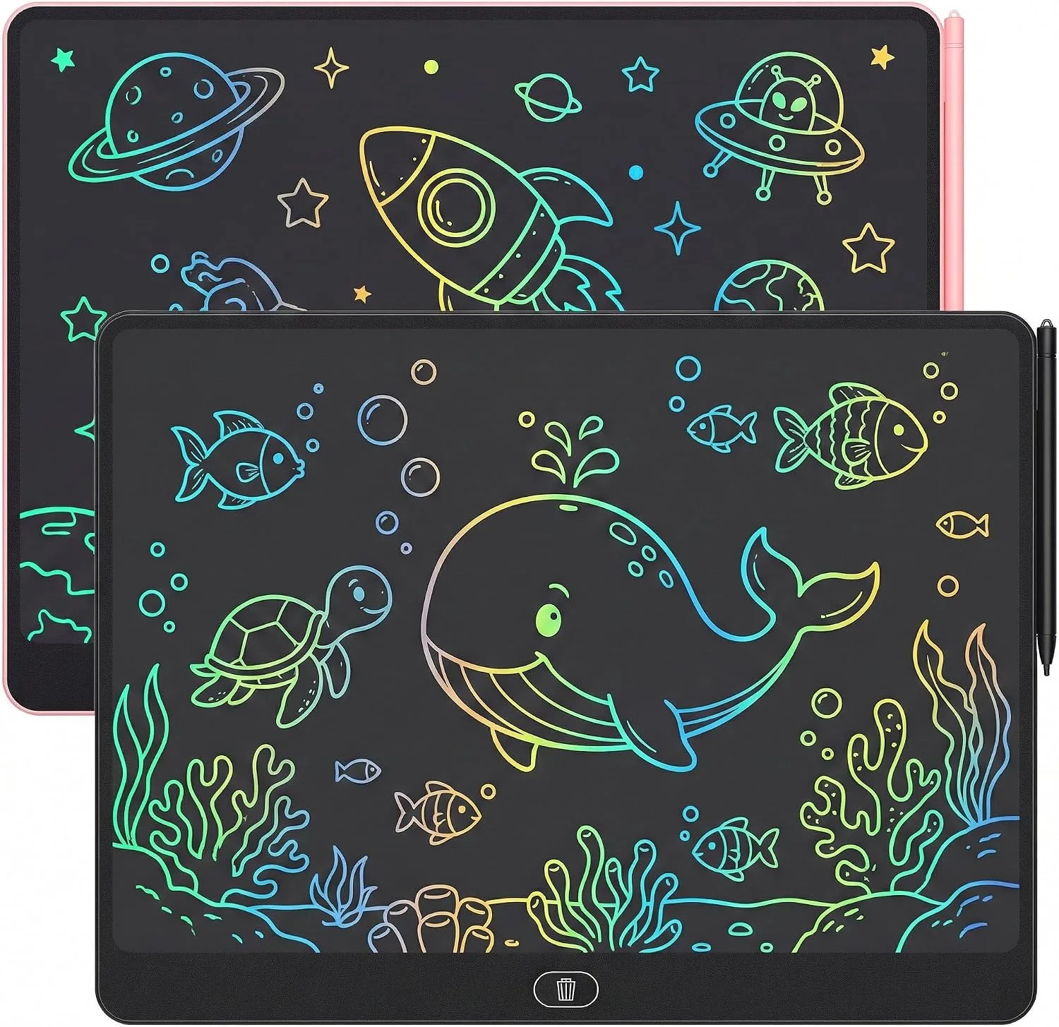 16 Inch LCD Writing Tablet for Kids 2 Pack, Large Drawing Board Doodle Pad, Colorful Screen Erasable Sketch Tablet, Travel Toys and Reusable Learning Gift for Boys Girls（Pink & Black