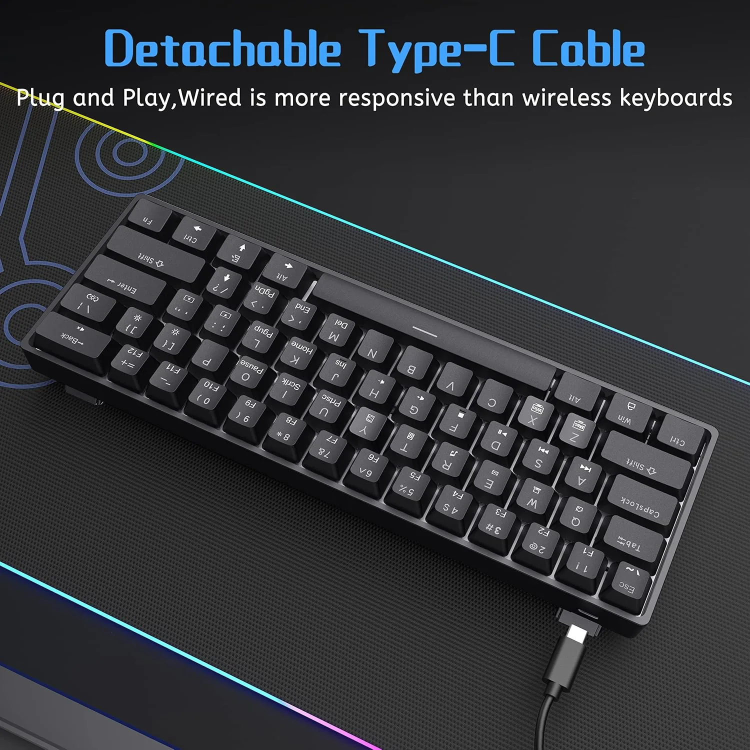 DIERYA 60% Mechanical Keyboard, DK61se Wired Gaming Keyboard with Blue Switches, LED Backlit Ultra-Compact 61 Keys Mini Office Keyboard for Windows Laptop PC Gamer Typist（Black）