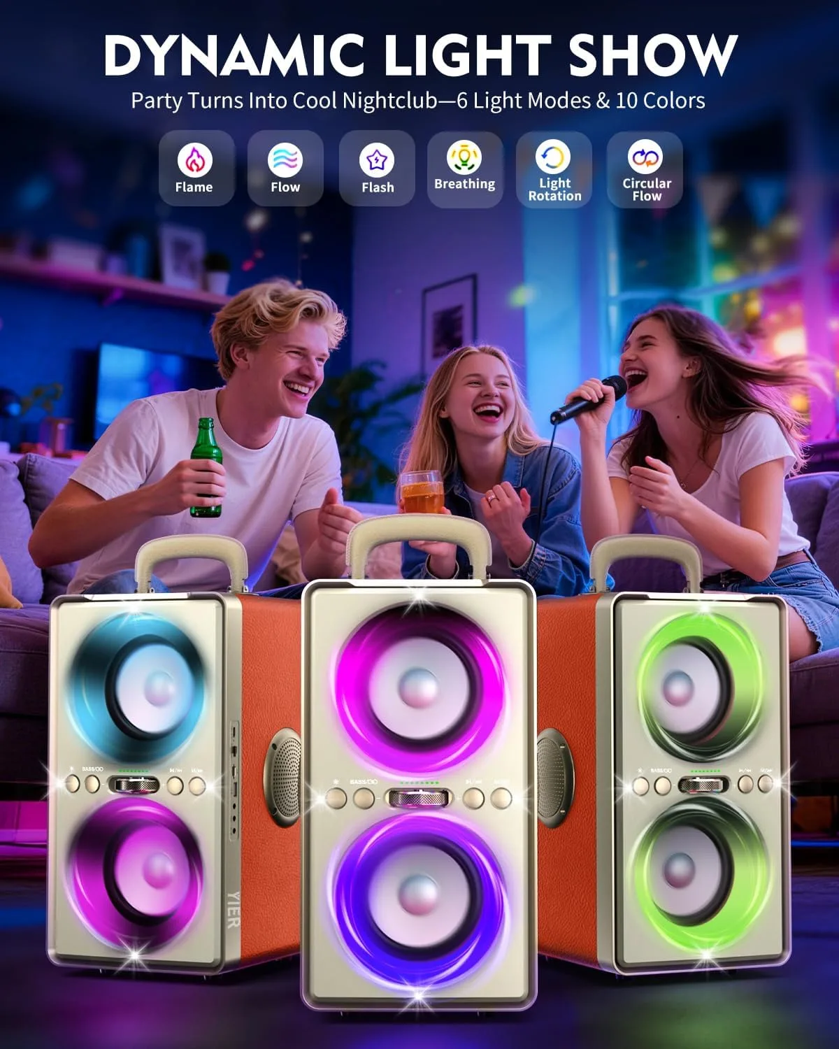 YIER Bluetooth Speaker, 240W Peak Loud Party Speakers with Deep Bass,Orange