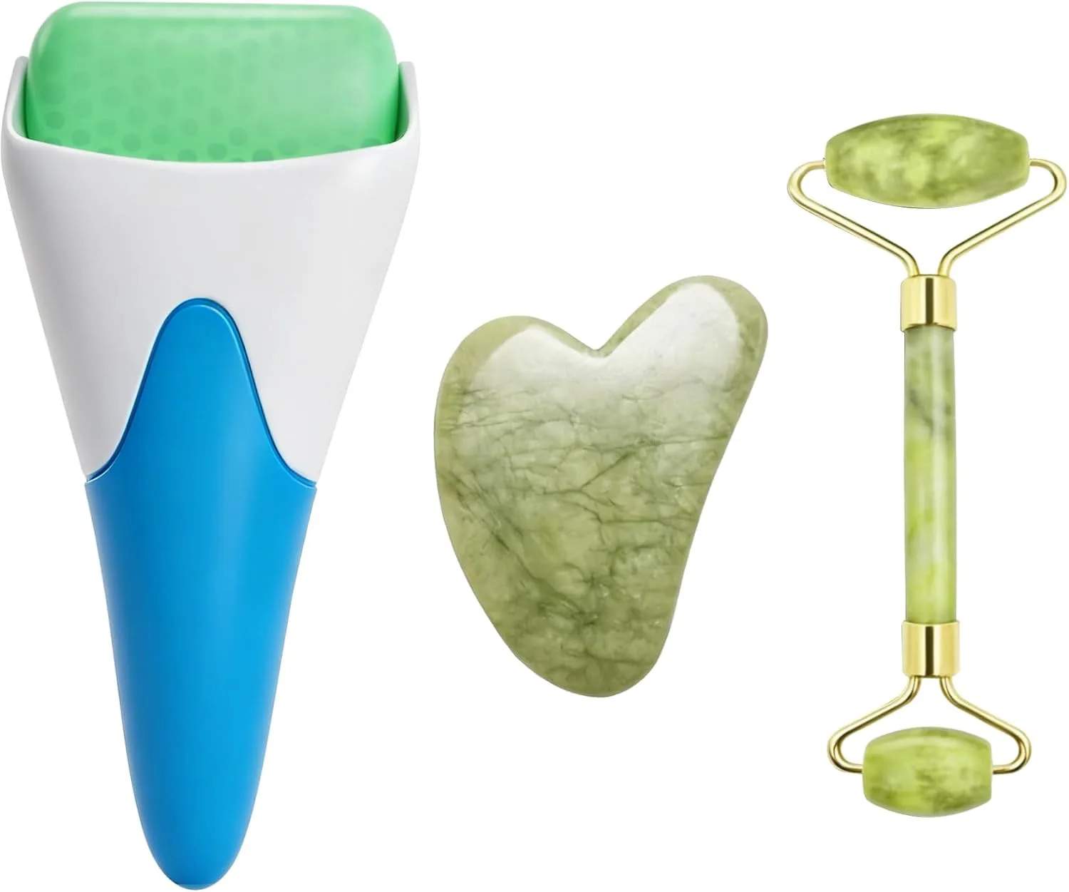 3 in 1 Ficial Face Ice Jade Roller and Gua Sha Tool, 100% Natural Real Jade Anti-Wrinkle Face Eye Neck Massager Tool, Reduce Wrinkles, Puffiness, Migraine, Redness, Pain and Injury (Blue)