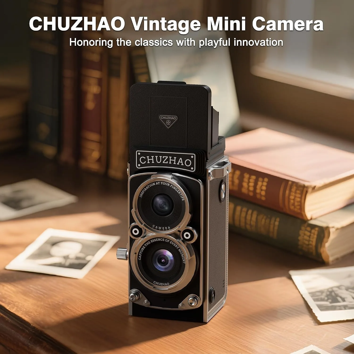 CHUZHAO Vintage Mini Digital Camera, Portable TLR Style Retro Point and Shoot Compact Small Pocket 1080P FHD Video 12MP Autofocus Vlogging Camera with 16 GB Card for Beginners Teens Adults Black