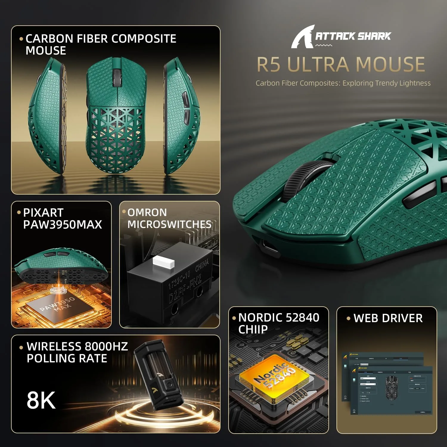 ATTACK SHARK R5Ultra 8K Carbon Fiber Wireless Gaming Mouse, Green&Tape