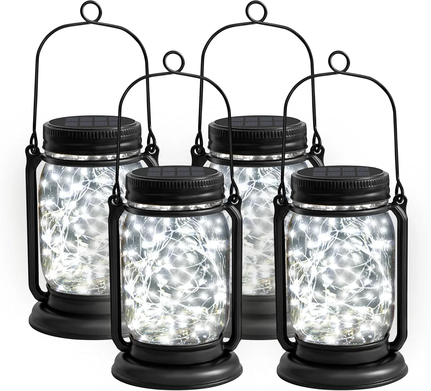 4 Pack Hanging Solar Lantern Lights, 30LED Vintage Glass Mason Jar Solar Fairy Lights Outdoor Decorative Waterproof Table Lamp with Stakes for Patio Yard Lawn Tree