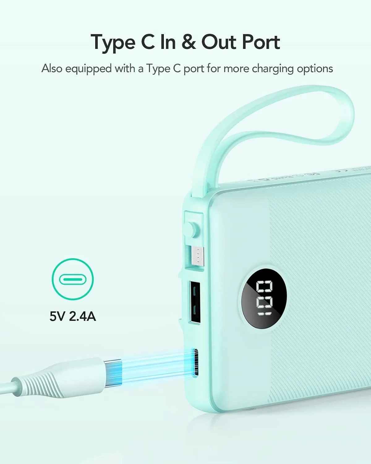 VRURC Portable Charger, Slim Power Bank Built-in 4 Cables, Travel Essential
