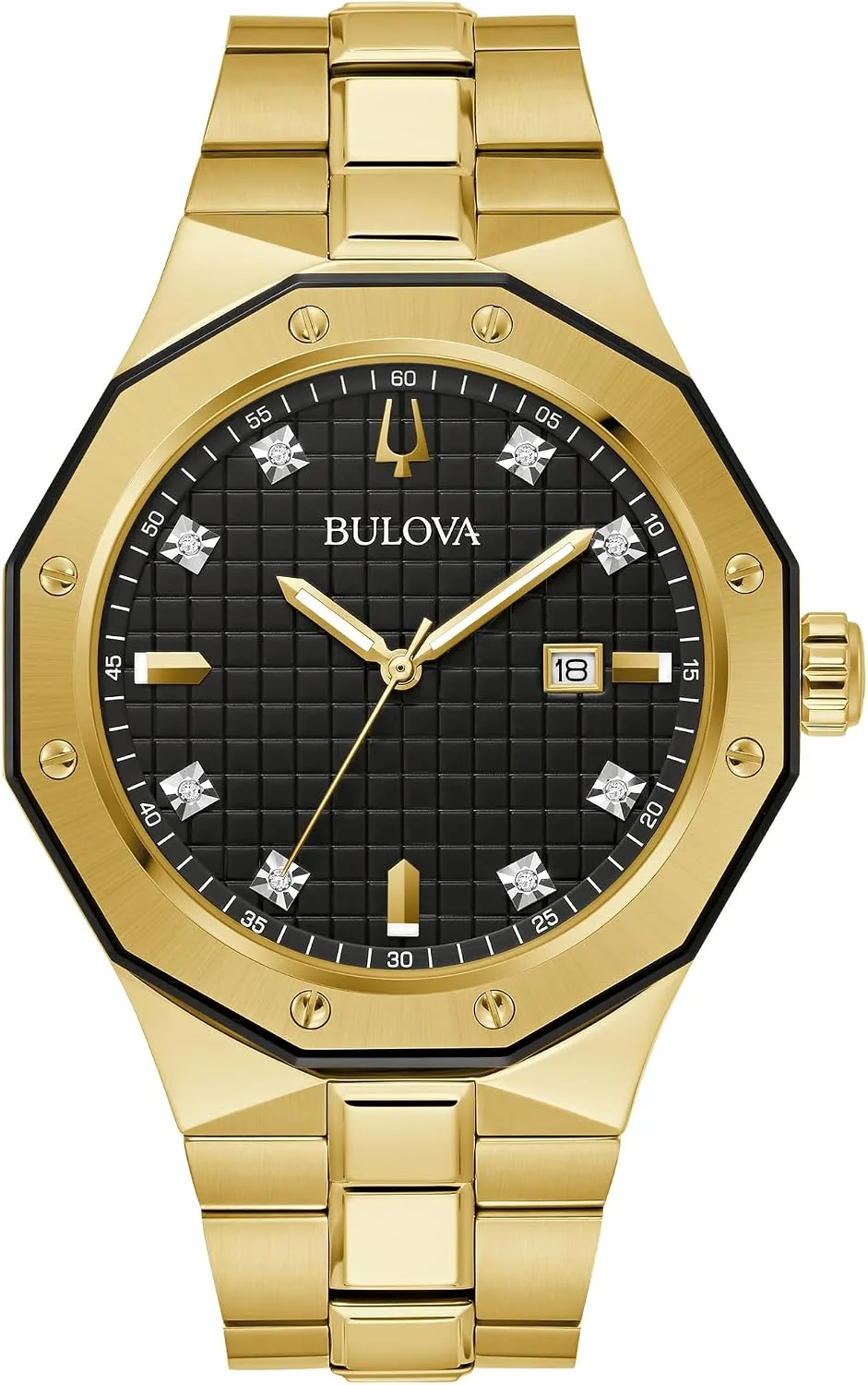 Bulova Men's Classic Stainless Steel 3-Hand Date Quartz Watch with Diamonds and Day Date, 44mm