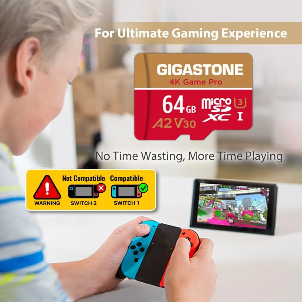 【for Switch 1 Only】 GIGASTONE 64GB Micro SD Card, 4K Game Pro, MicroSDXC Memory Card for Gaming Console, Security Camera, UHD Video, up to 95/35MB/s, UHS-I U3 A2 V30 【5-Yrs Free Data Recovery】