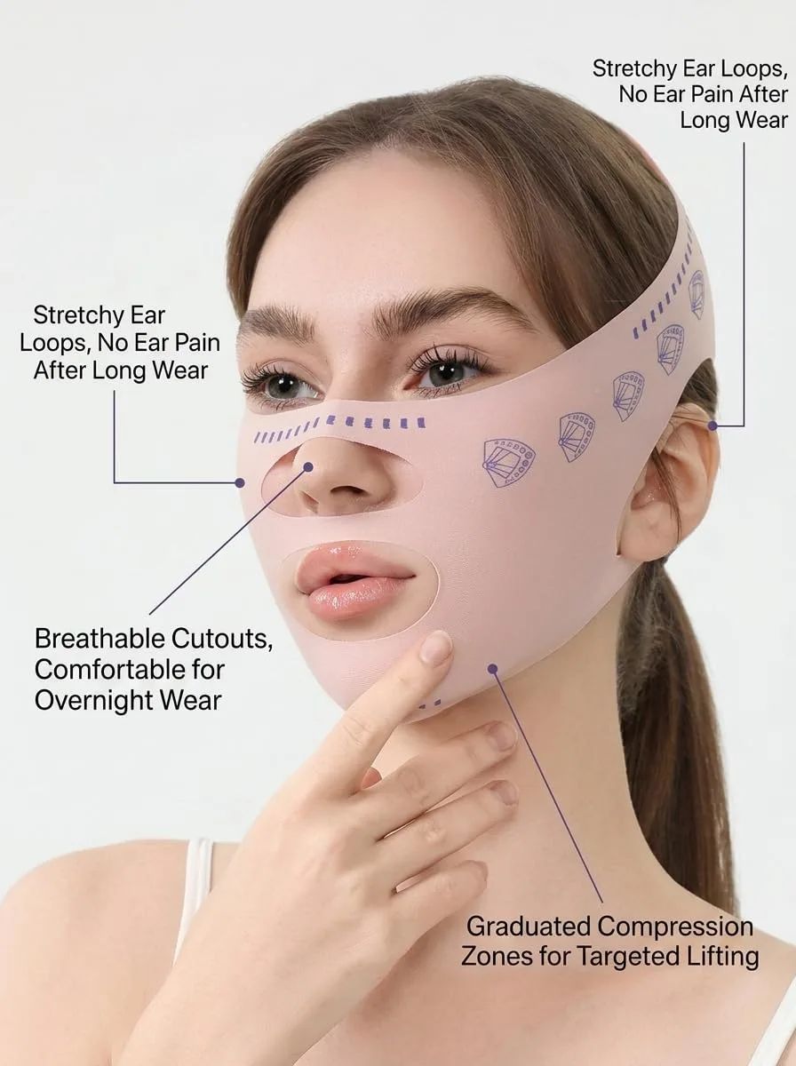 Face Lifting Strap, Breathable Reusable Facial Slimming Band for Women, Double Chin Reducer & Anti-Wrinkle Face Lift Belt (blue pattern)