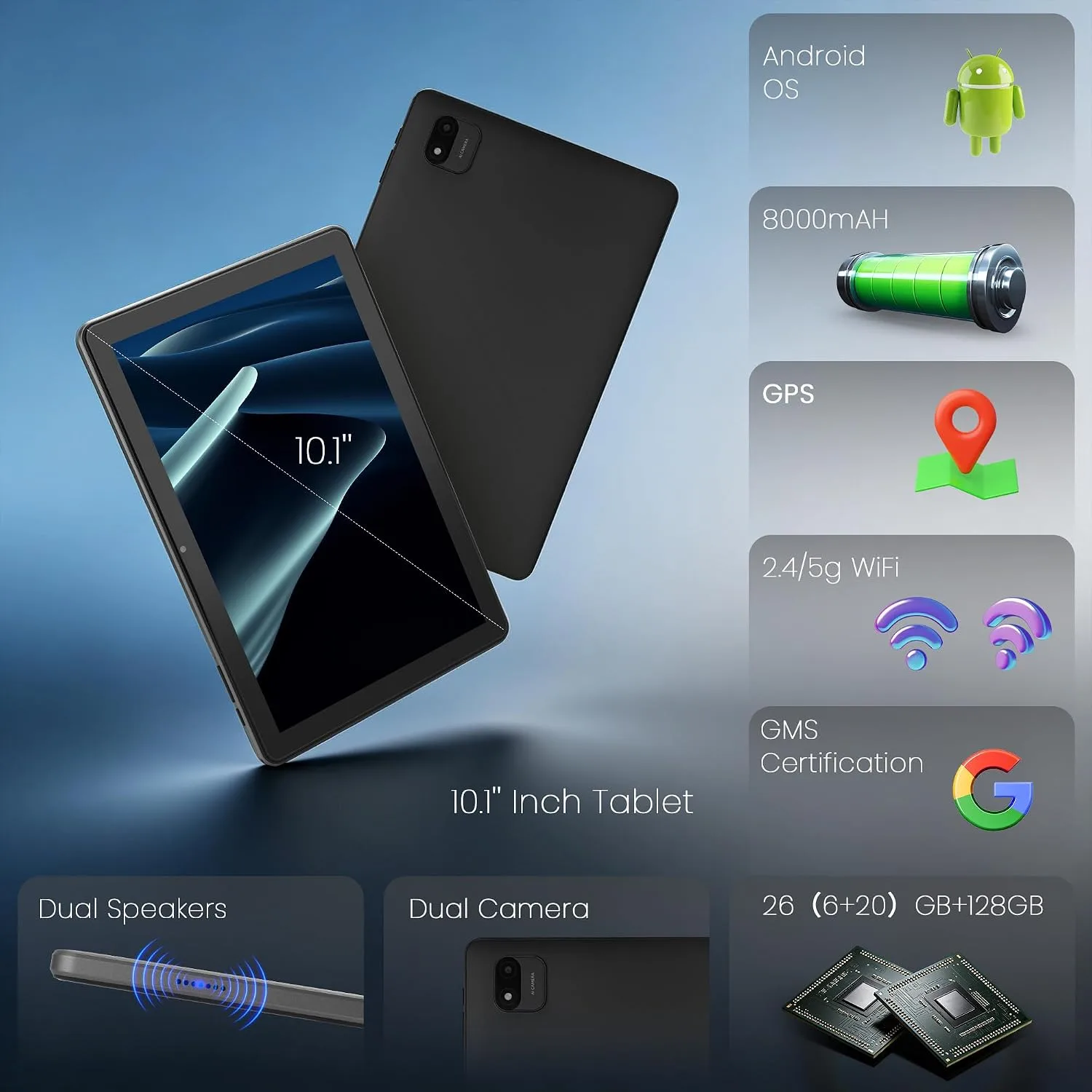 Android 16 Tablet, 10.1" HD IPS, 26GB RAM, 128GB ROM, WiFi 6, BT 5.4, Black