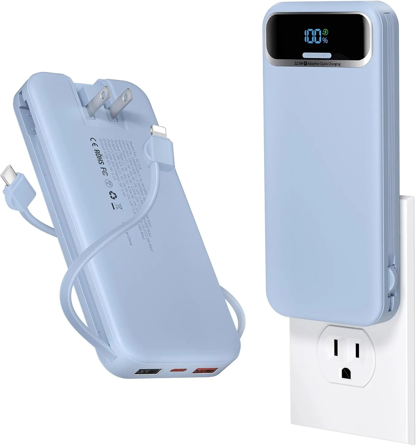 aonidi Portable Charger 12000mAh with Built-in Cables&AC Wall Plug, Blue