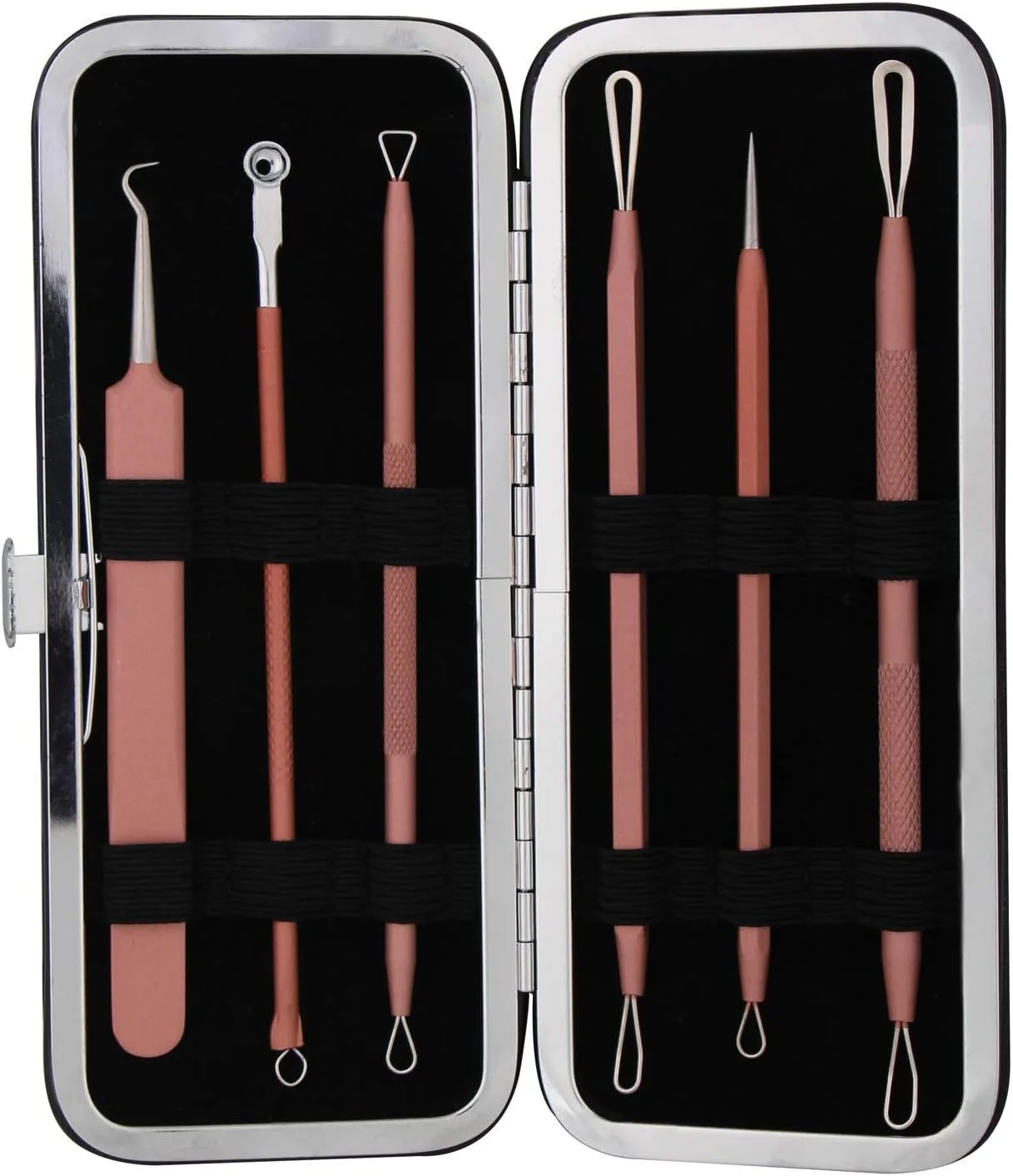 JPNK Blackhead Remover Tool Comedones Extractor Acne Removal Kit for Blemish, Whitehead Popping, 6 Pcs Zit Removing for Nose Face Tools with a Leather Bag (Pink)