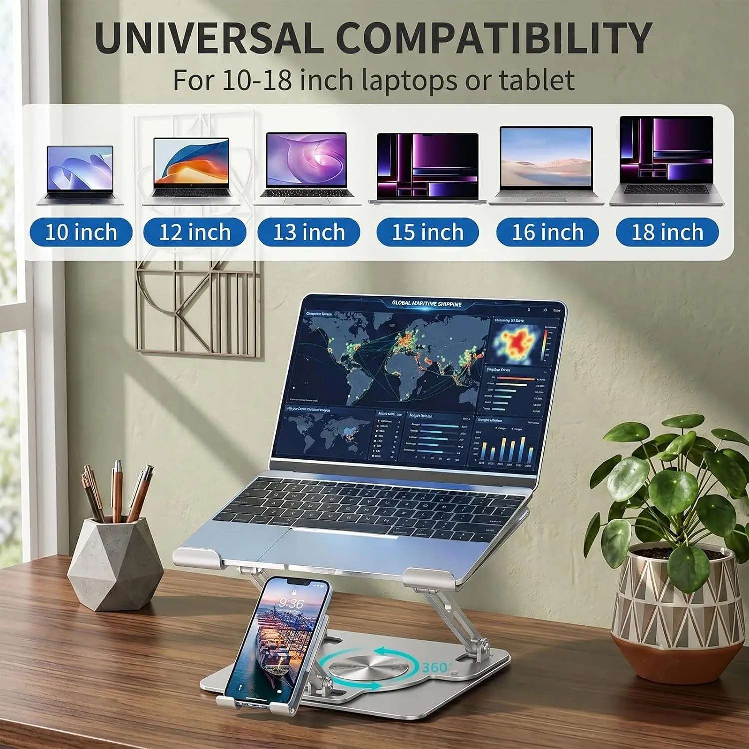 Adjustable 360°Rotating Laptop Stand, 2-in-1 Ergonomic Carbon Steel Laptop Riser with Detachable Phone Holder, Hollow Cooling Notebook Stand Fits 12.9-18 Inch Laptops (Silver)