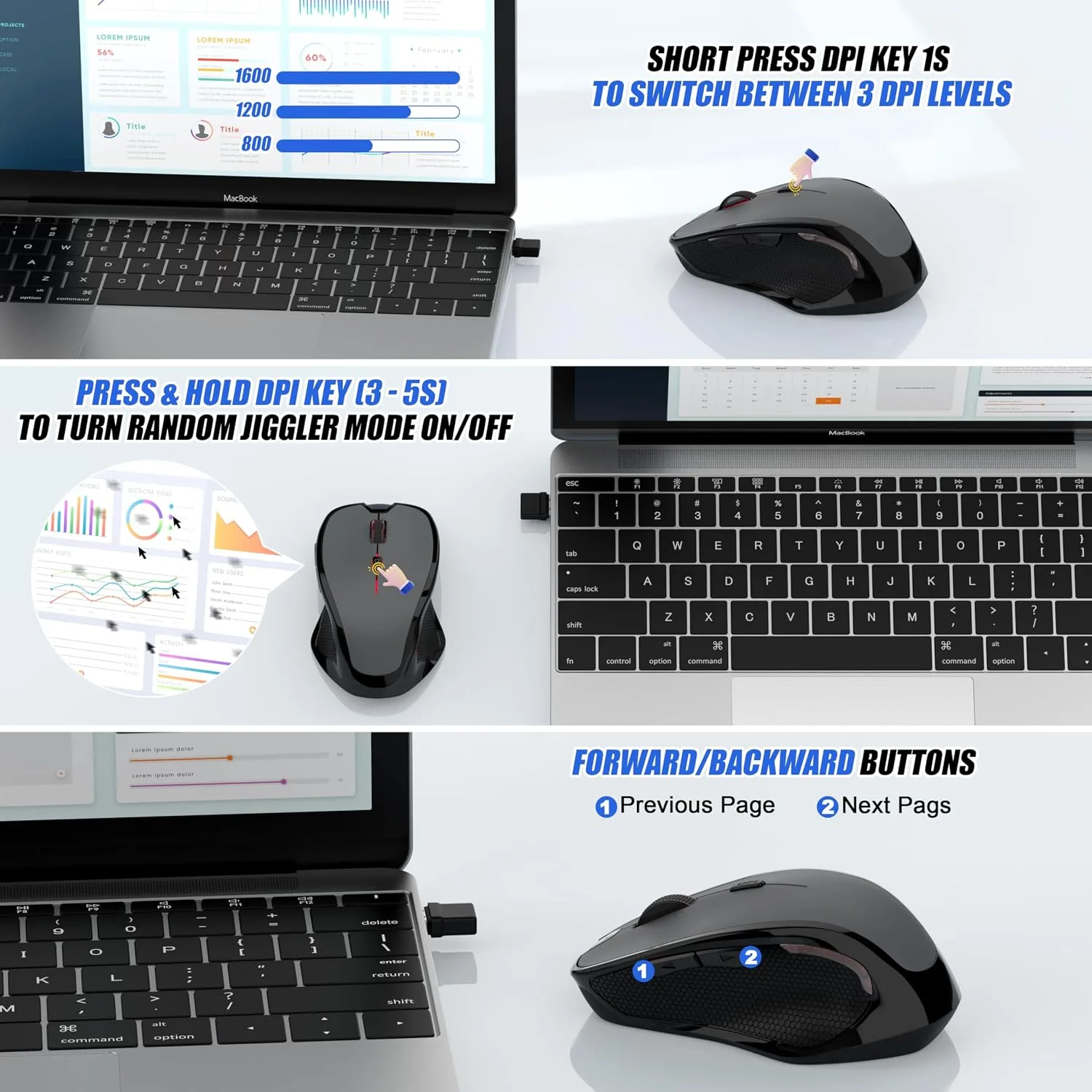 Bluetooth Wireless Laptop Mouse for MacBook Air Pro iPad Mac, Ergonomic Rechargeable Mouse with Jiggler Mode, 2 Mode Bluetooth & 2.4G USB-A/USB-C Receiver, Silent Optical Computer Mice, Grey