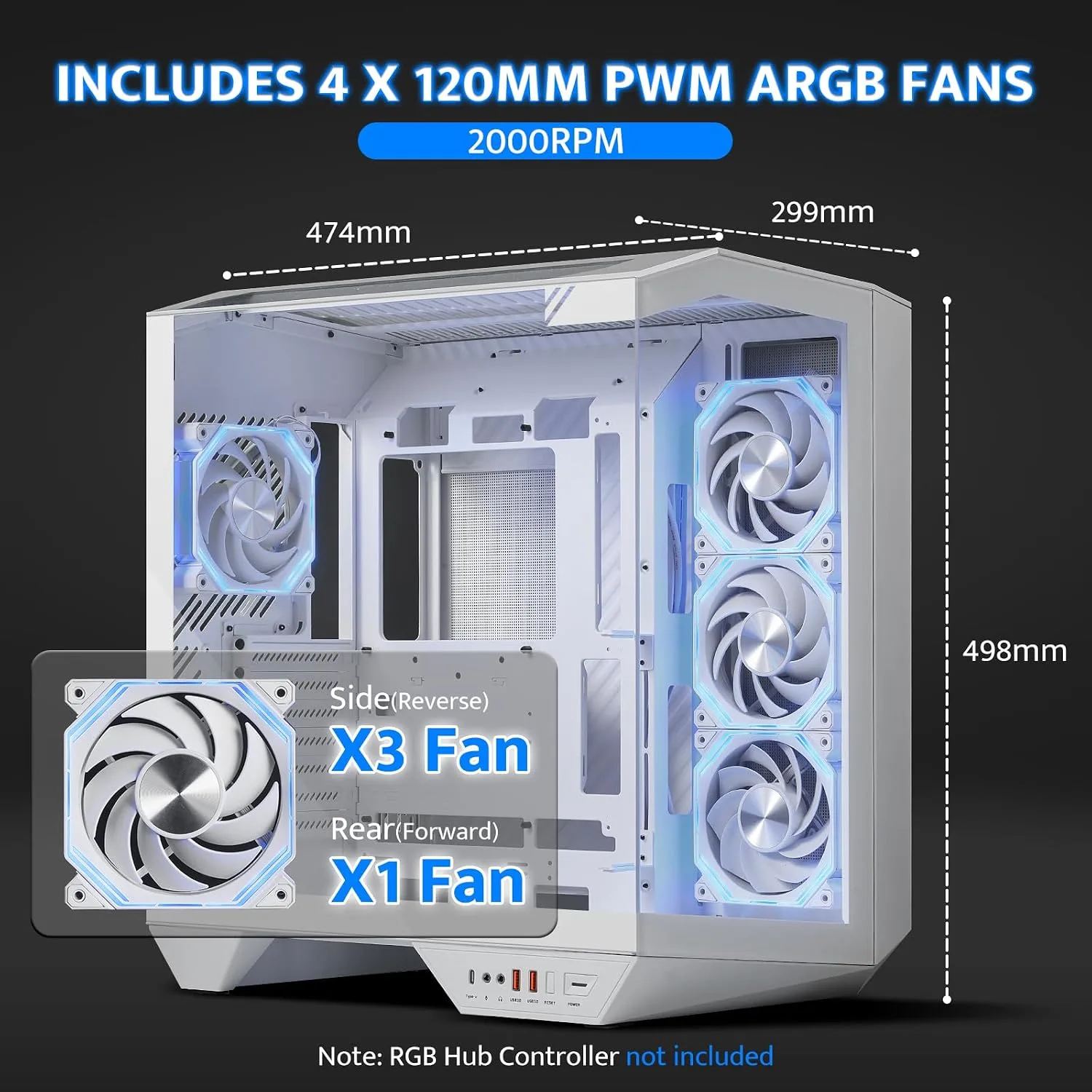 darkFlash DY470 Full-Tower ATX Gaming PC Case with 4 PWM ARGB Fans, White