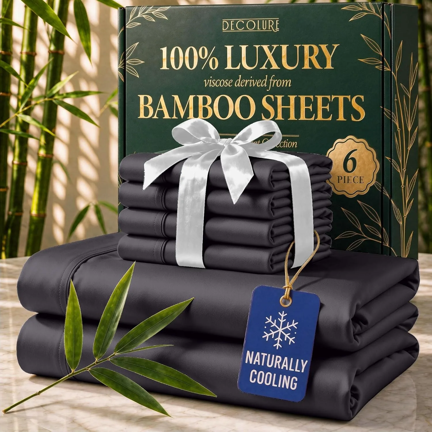 DECOLURE 100% Viscose from Bamboo Sheets King Size | 6 Pc Cooling Bed Set