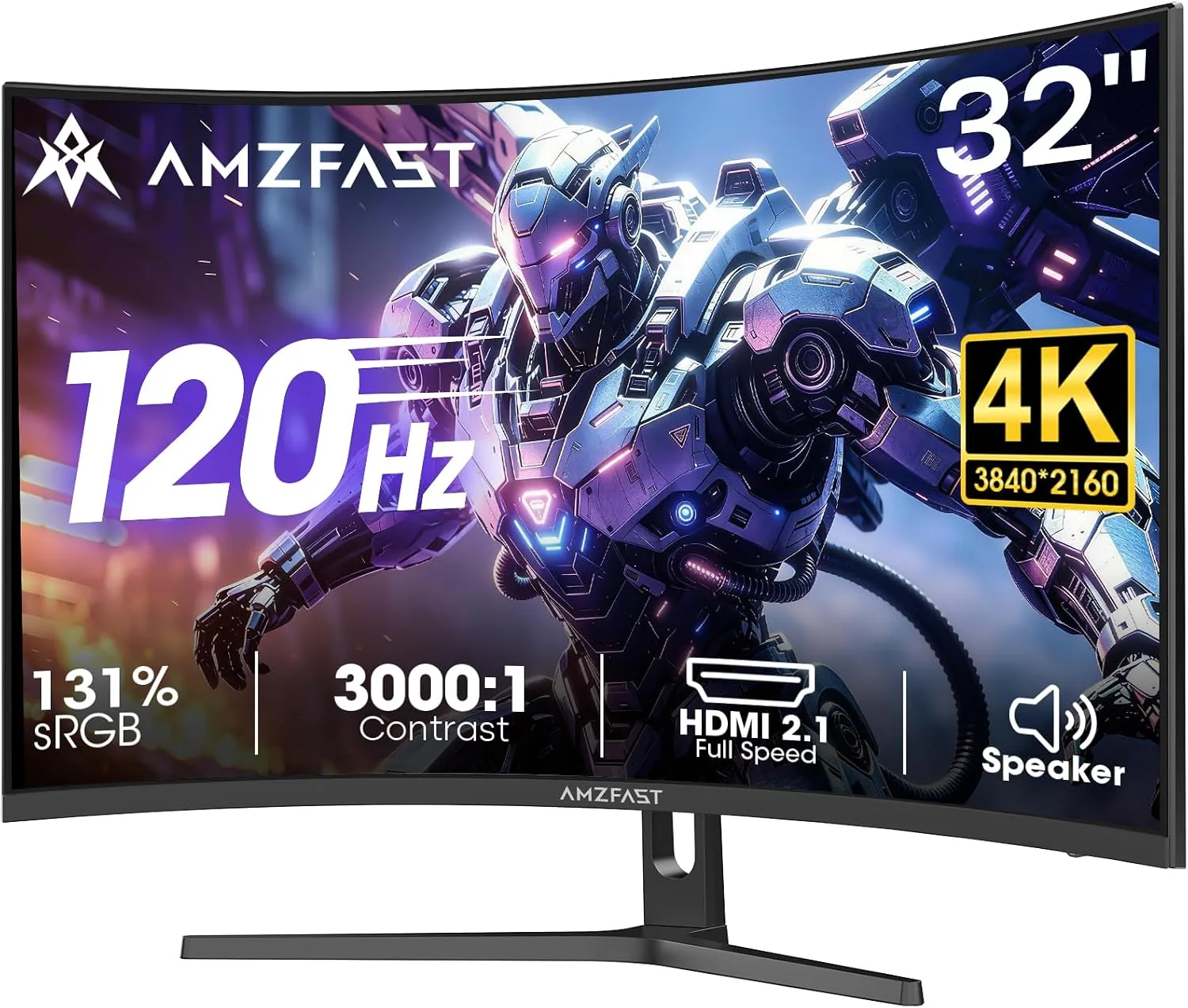 Amzfast 32" 4K 120Hz Curved Gaming Monitor, 3840x2160 UHD, PIP/PBP, Adaptive Sync, 131% sRGB, 3000:1 Contrast,HDR, 300nits, 1500R, HDMI2.1(VRR)& DP1.4, Built-in Speaker, Eyes Care, VESA Mount