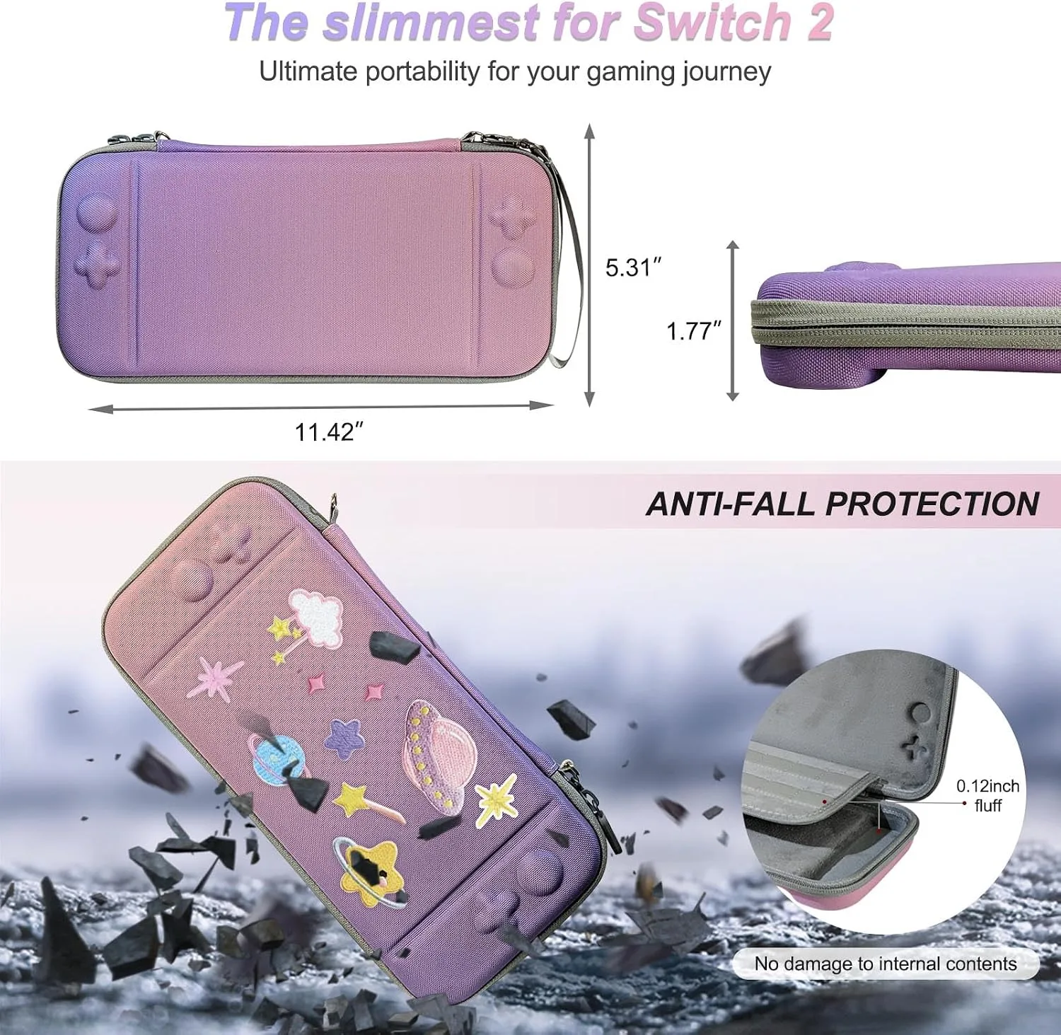 Cute Travel Carrying Case for Switch 2 2025 with Silicone j-con Covers, Thumb Grip Caps, Screen Protector, Flower Strap, Charms and Embroidery stickers for Girls Women, Purple-Pink