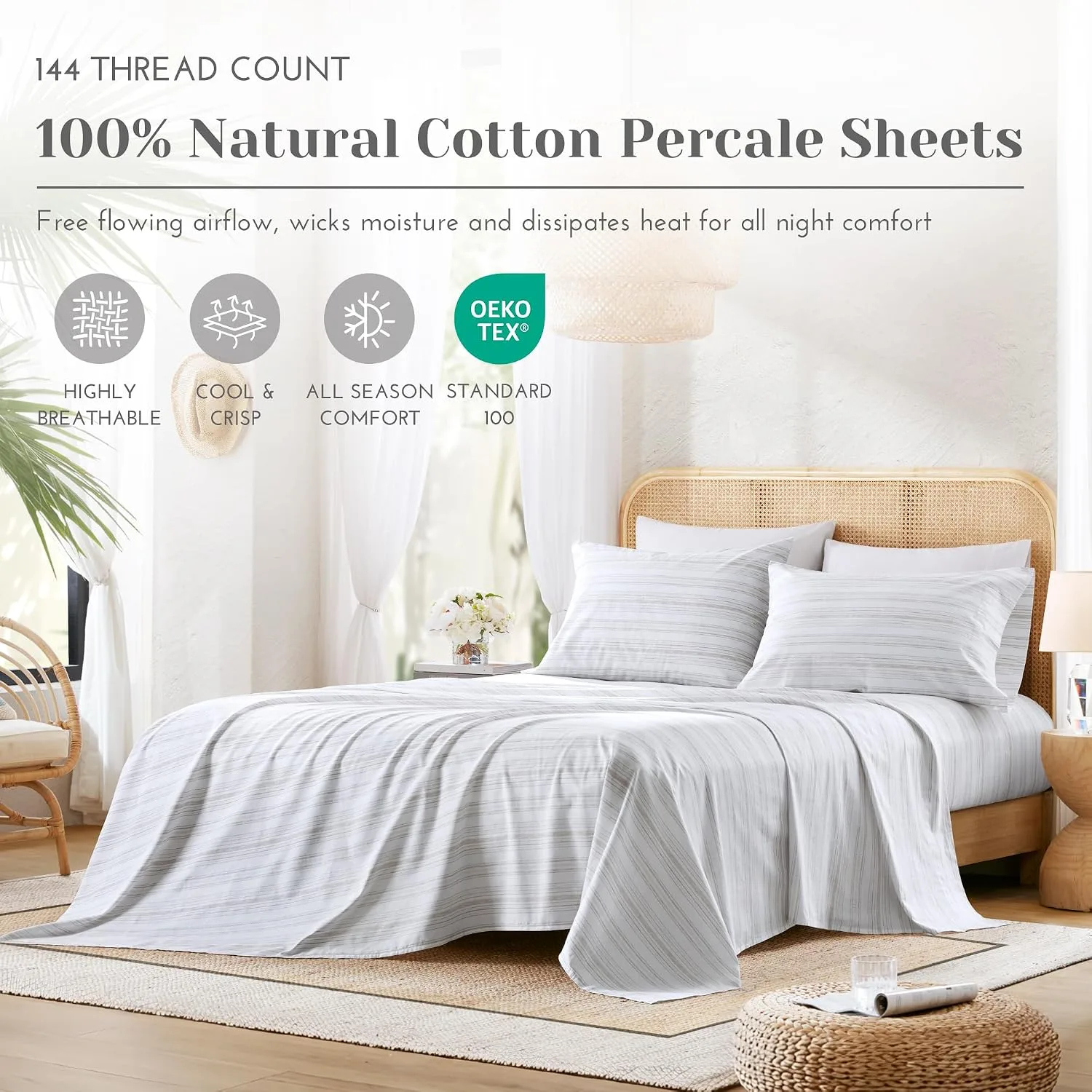 Comfort Spaces 100% Cotton Percale Sheets Queen Size 4 Pcs, Good Vibes Grey