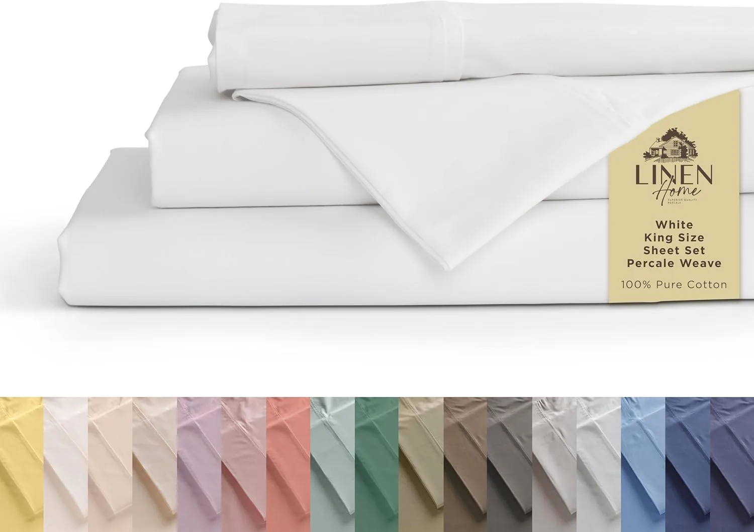 Linen Home 100% Cotton Percale Sheets King, 4 Pc Cooling Set - White