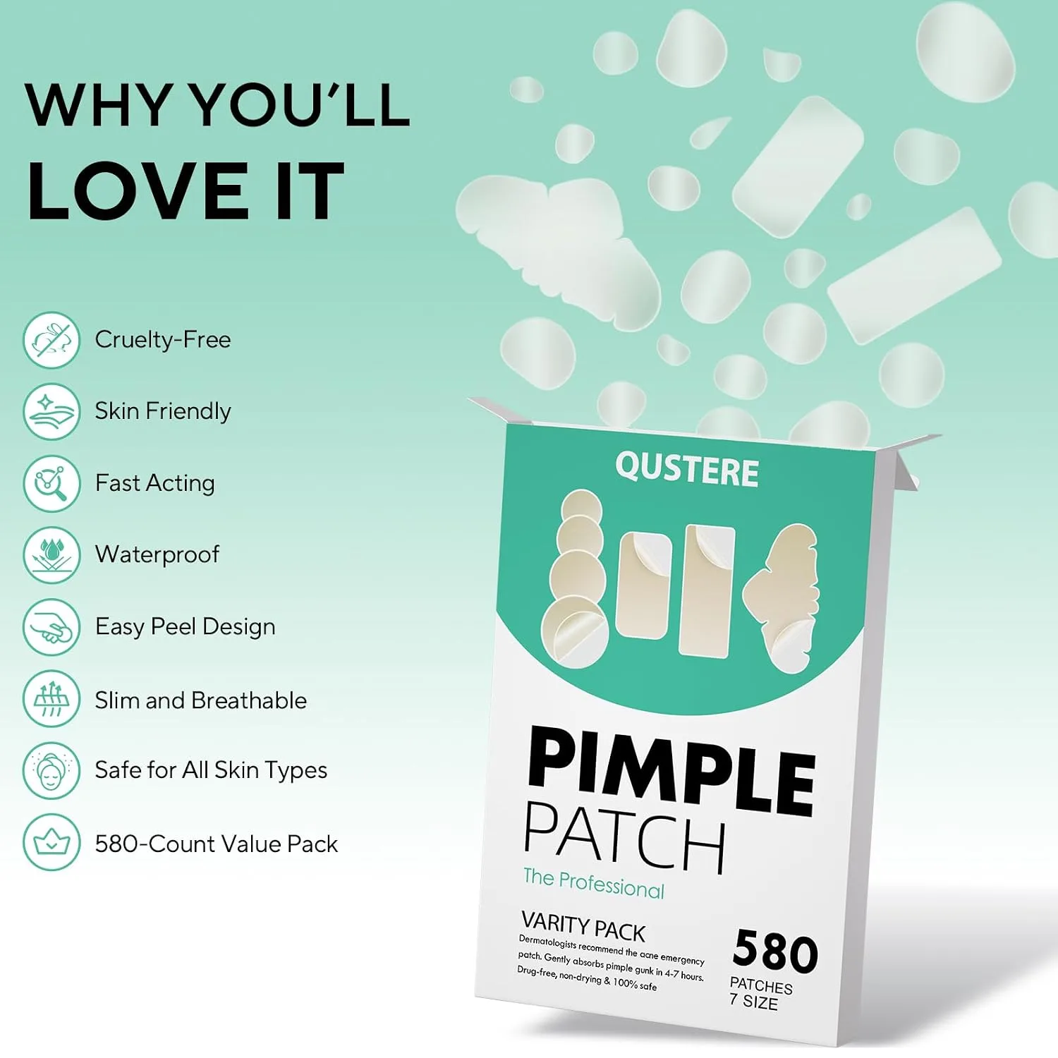 QUSTERE 580 Count Pimple Patches for Face, Large Hydrocolloid Acne Patches Stickers Bandages, Blemishes Zit Breakouts for Cheeks, Forehead, Chin, Nose for Full Face & Body | 7 Sizes | 4 Shapes