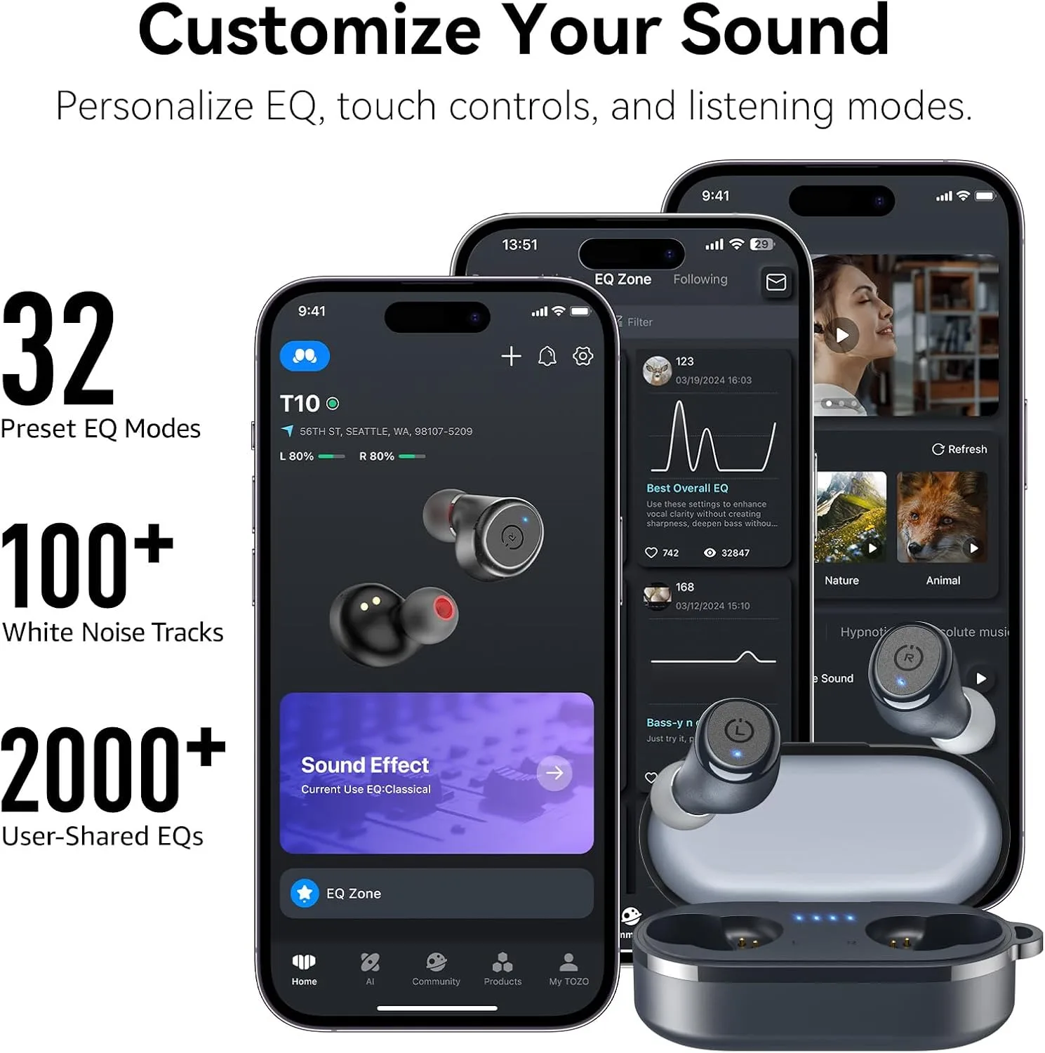 TOZO T10 Wireless Earbuds Powerful Bass Stereo Wireless Charging, APP, IPX8