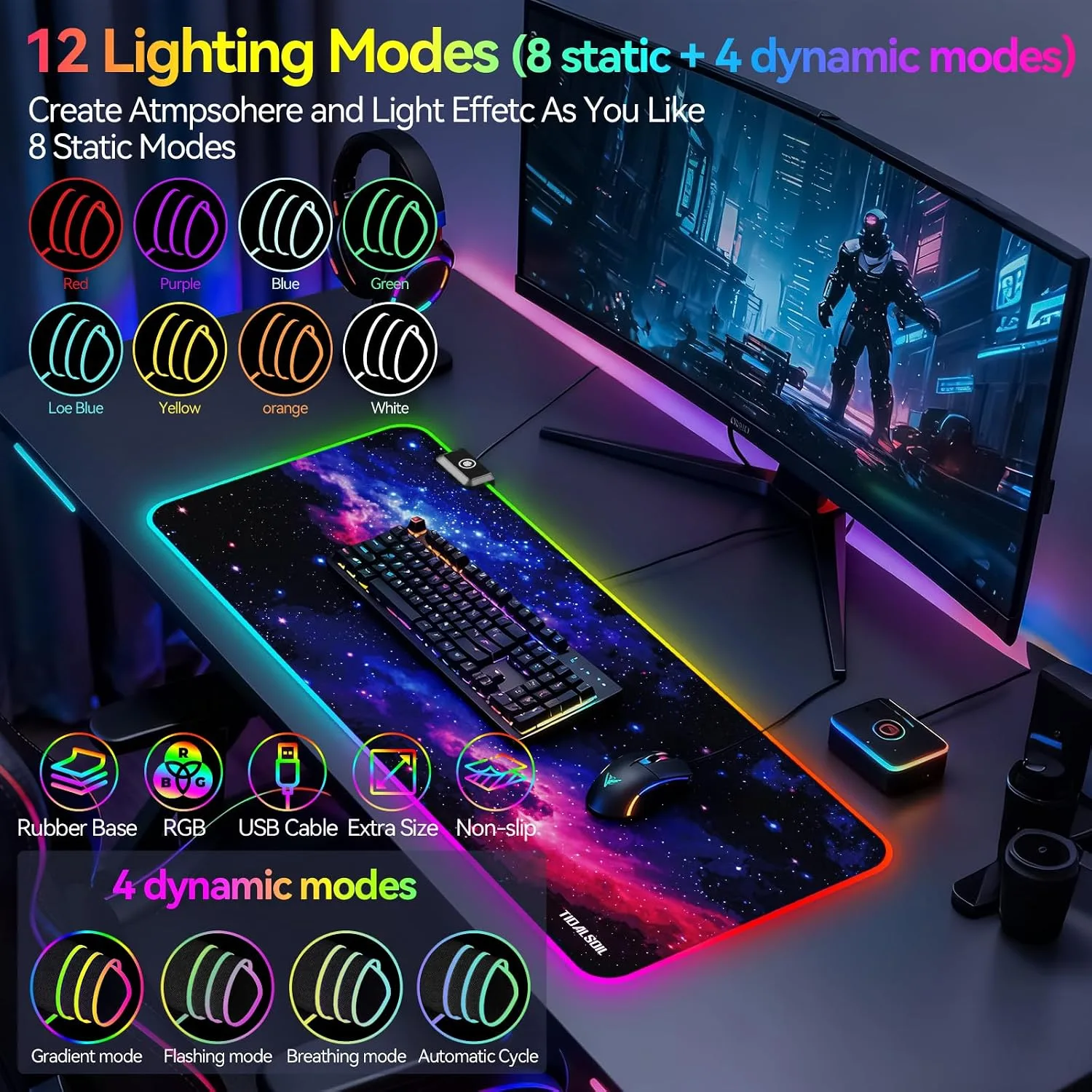 TIDALSOIL RGB Gaming Mouse Pad, Starry Sky 31.5x11.8 in LED Desk Mat