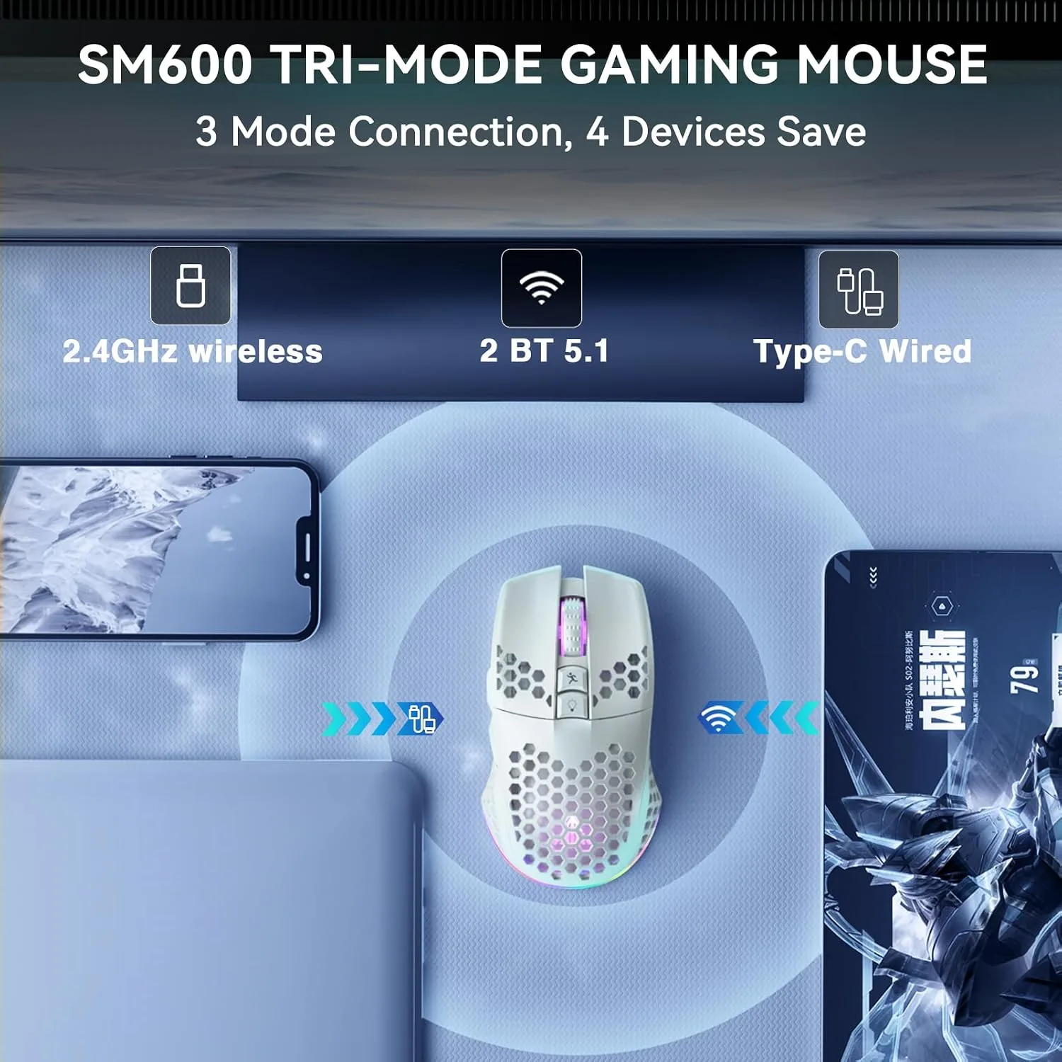 SOLAKAKA SM600 Wireless Gaming Mouse,Tri-Modes BT5.0/Type-C Wired/2.4G Wireless Mouse with 2 Side Buttons, Programmable Macro Gamer Mouse with RGB Light for Laptop/PC/Mac