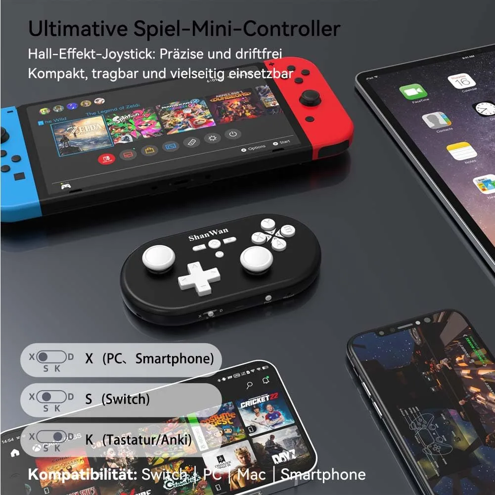 ShanWan Wireless Mini Controller for Switch, PC, iOS, Android, Supports Keyboard Mode for iPad Procreate (Black)