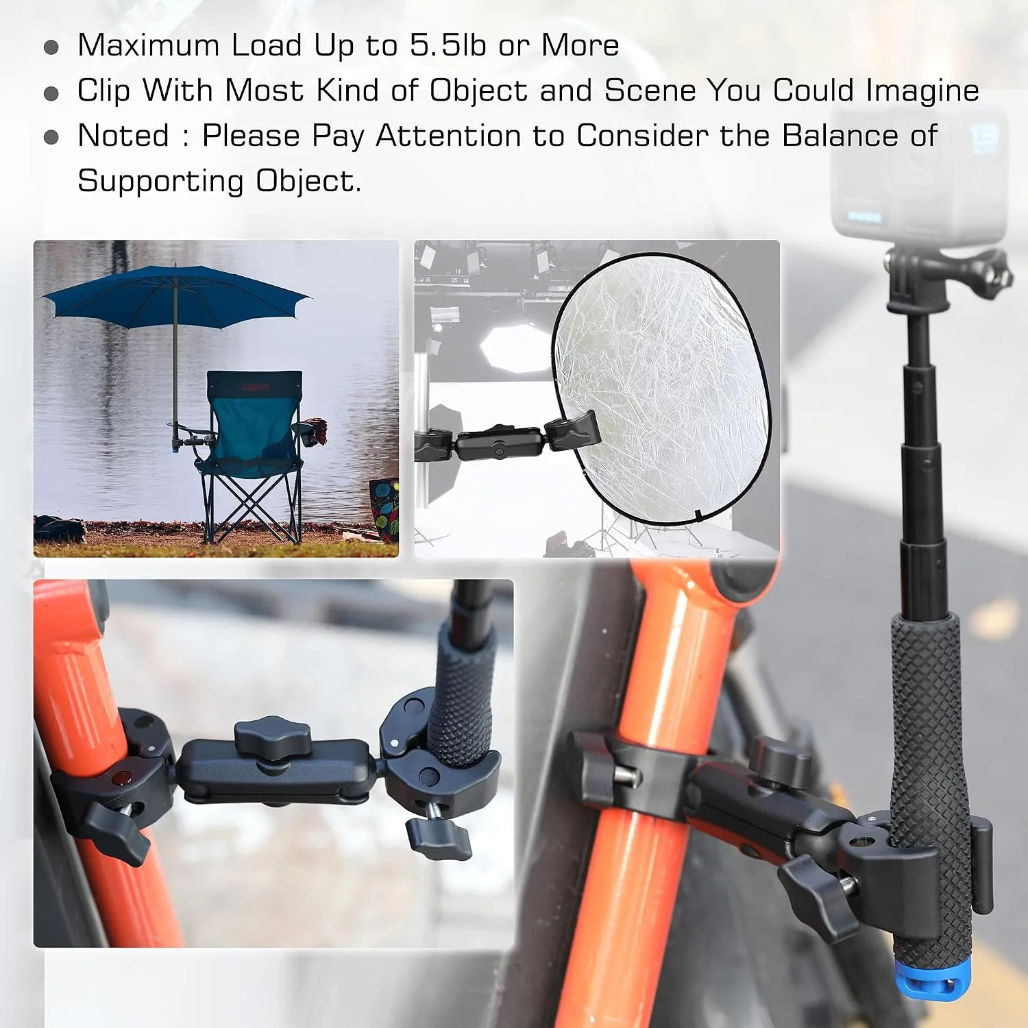 GEPULY 360° Double Super Clamp Mount Umbrella Attachment for Chair Cameras