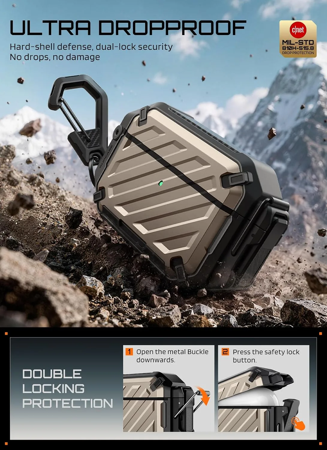 SUPCASE for AirPods Pro 3 Case with IP68 Waterproof, Lock &Carabiner,Desert